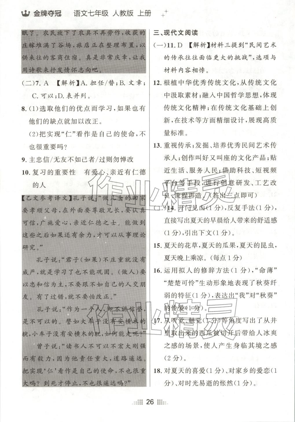 2025年点石成金金牌夺冠七年级语文上册人教版辽宁专版 参考答案第9页