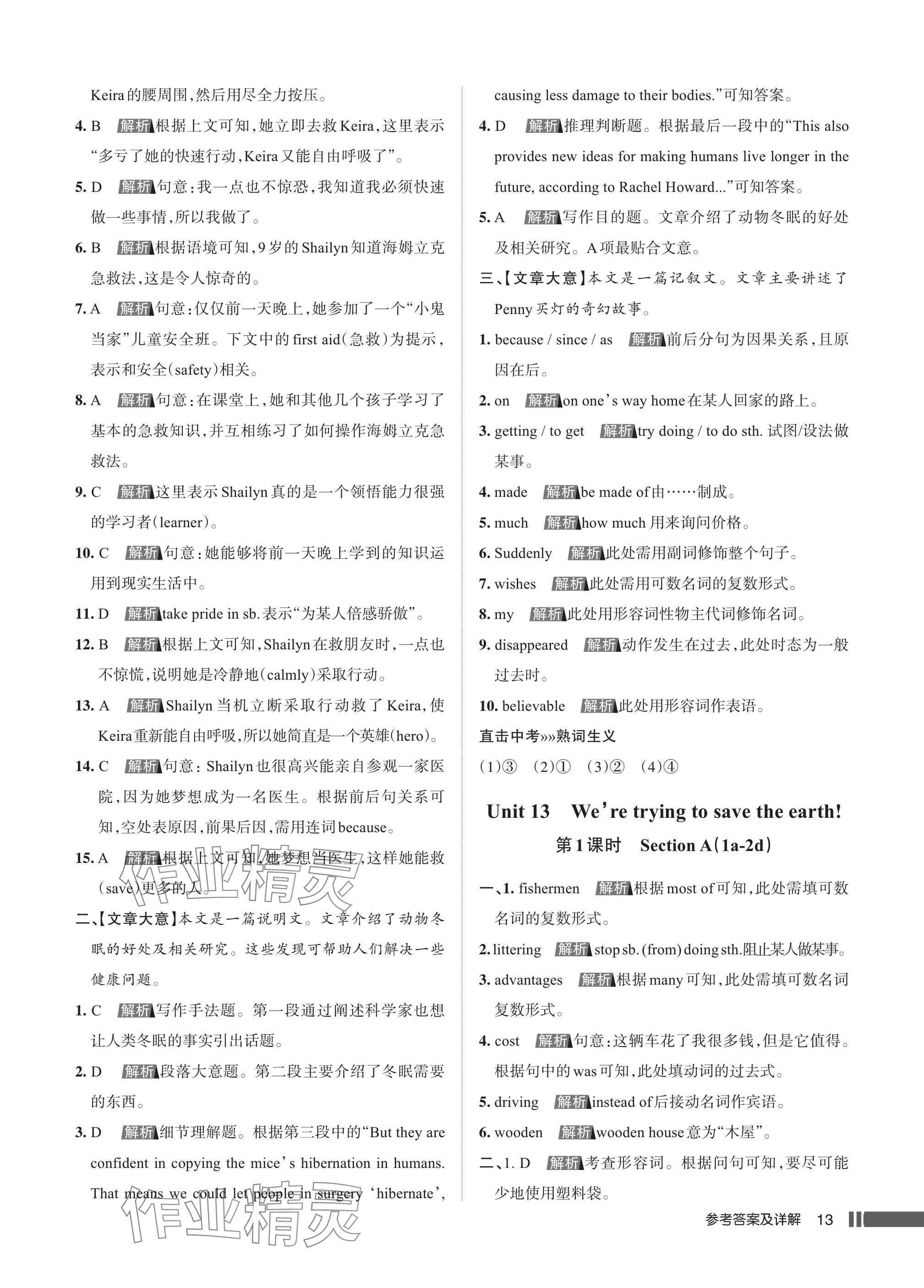 2025年名校作業九年級英語下冊人教版武漢專版 參考答案第13頁