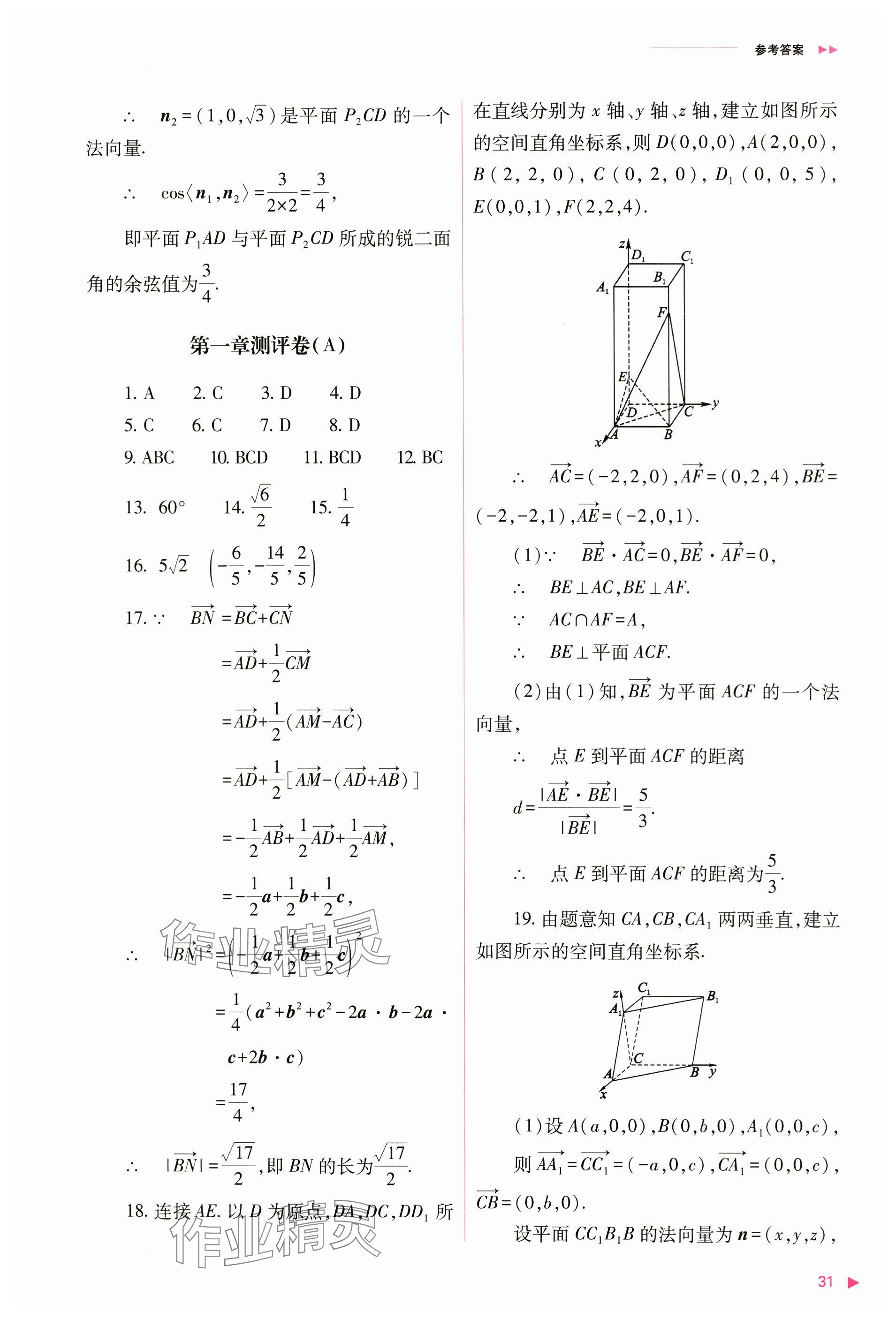 2024年普通高中新课程同步练习册高中数学选择性必修第一册人教版 参考答案第31页