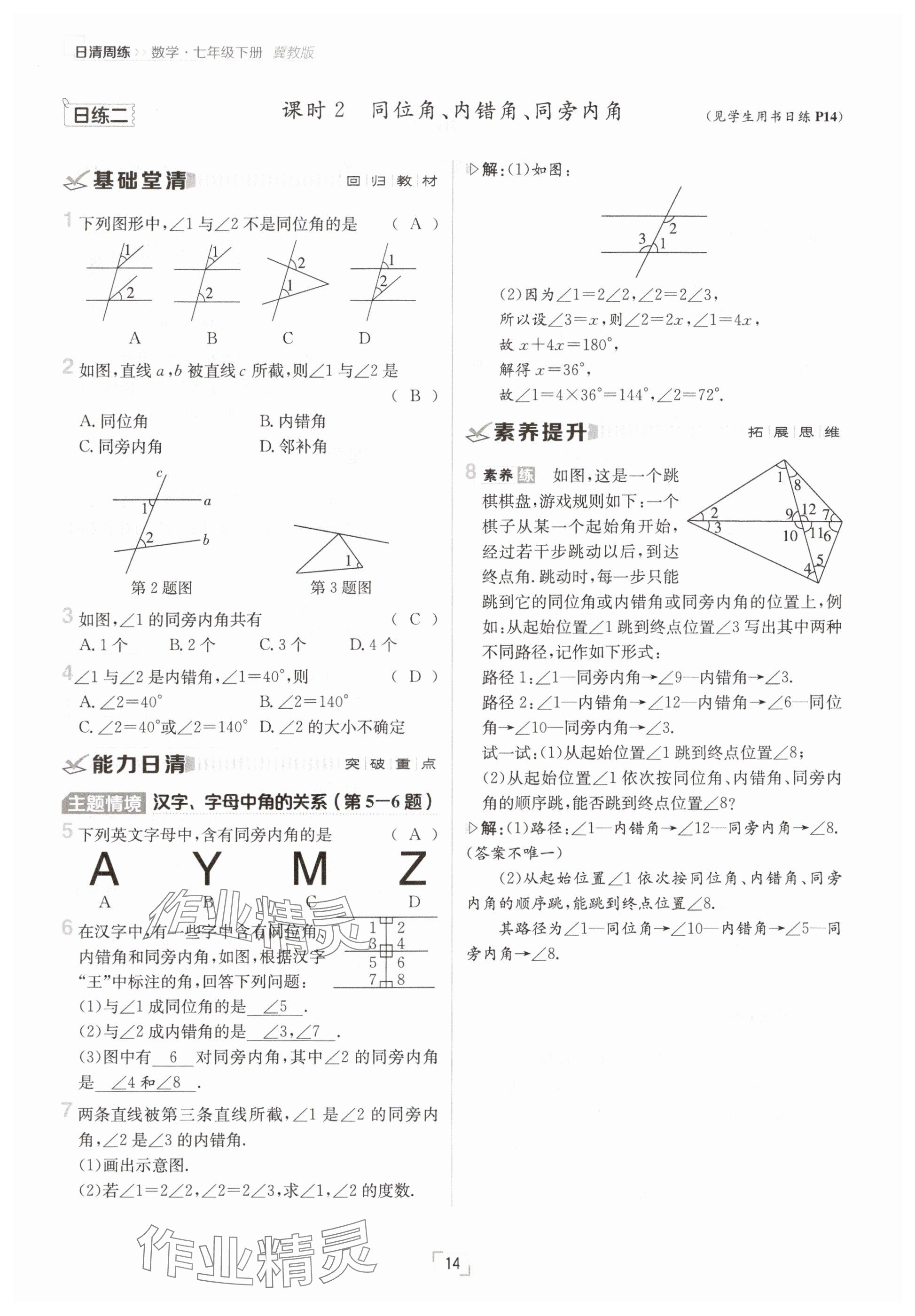 2025年日清周練七年級數(shù)學(xué)下冊冀教版 參考答案第14頁