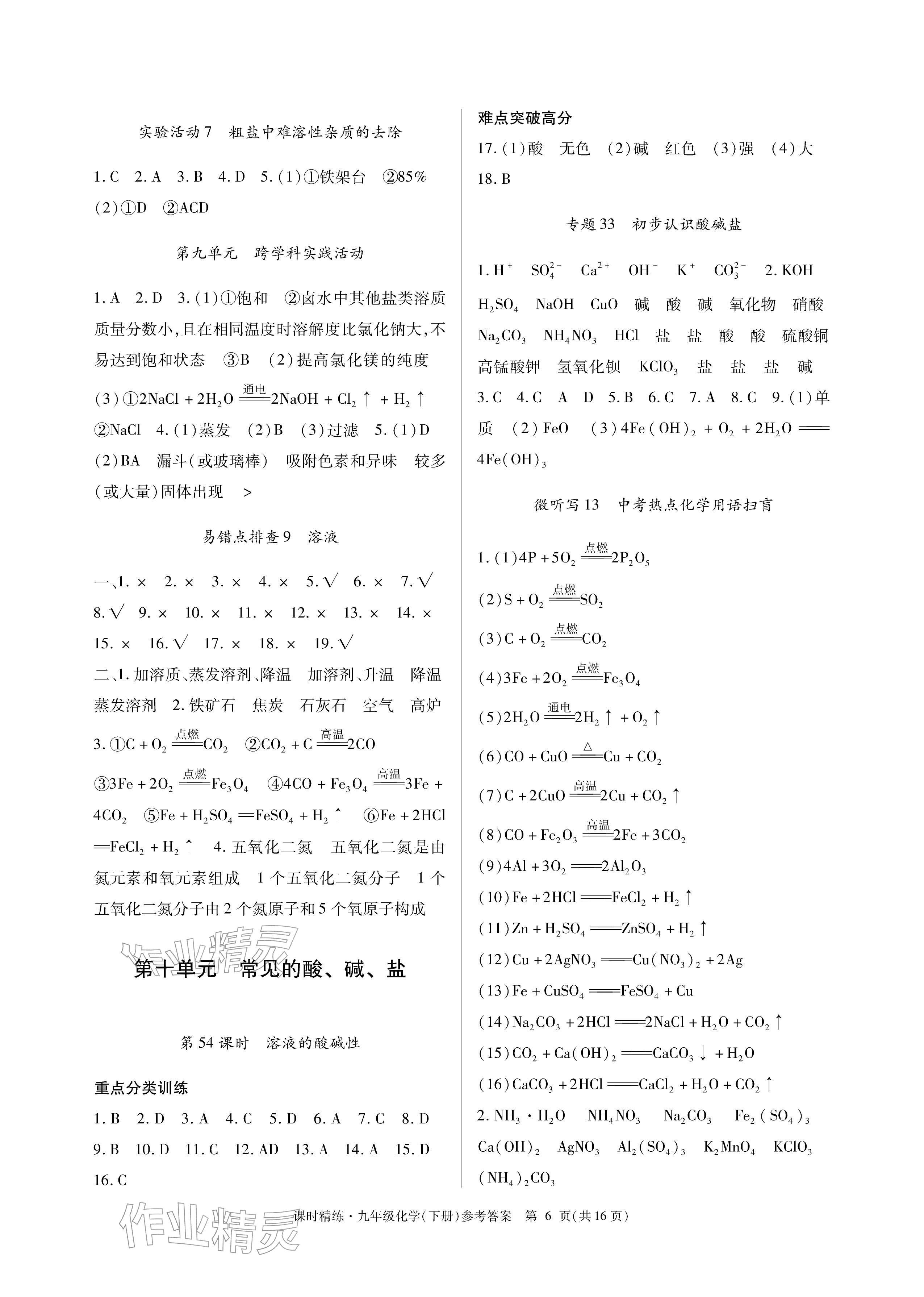 2026年课时精练九年级化学下册人教版&nbsp;参考答案第6页