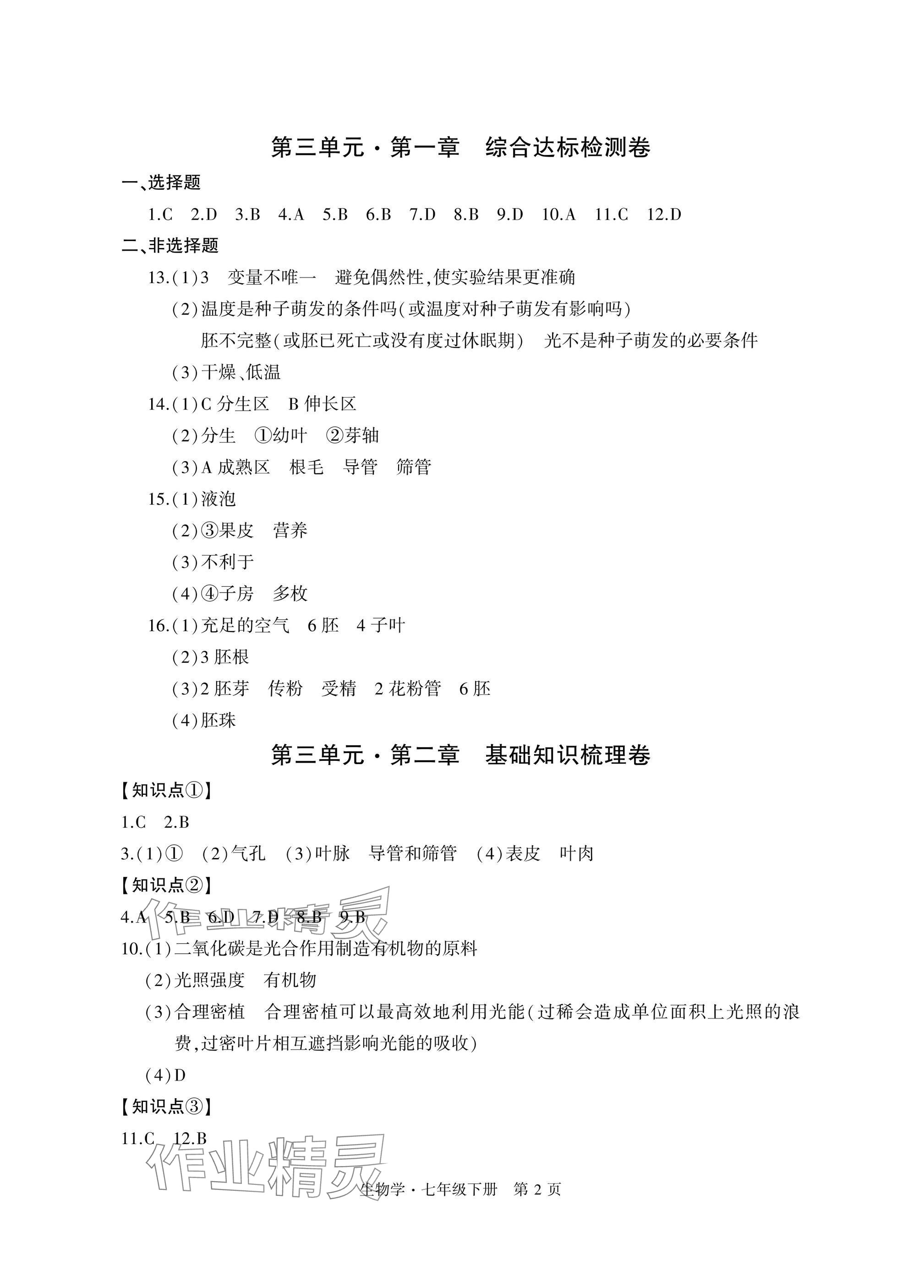 2025年初中同步練習冊自主測試卷七年級生物下冊人教版 參考答案第2頁