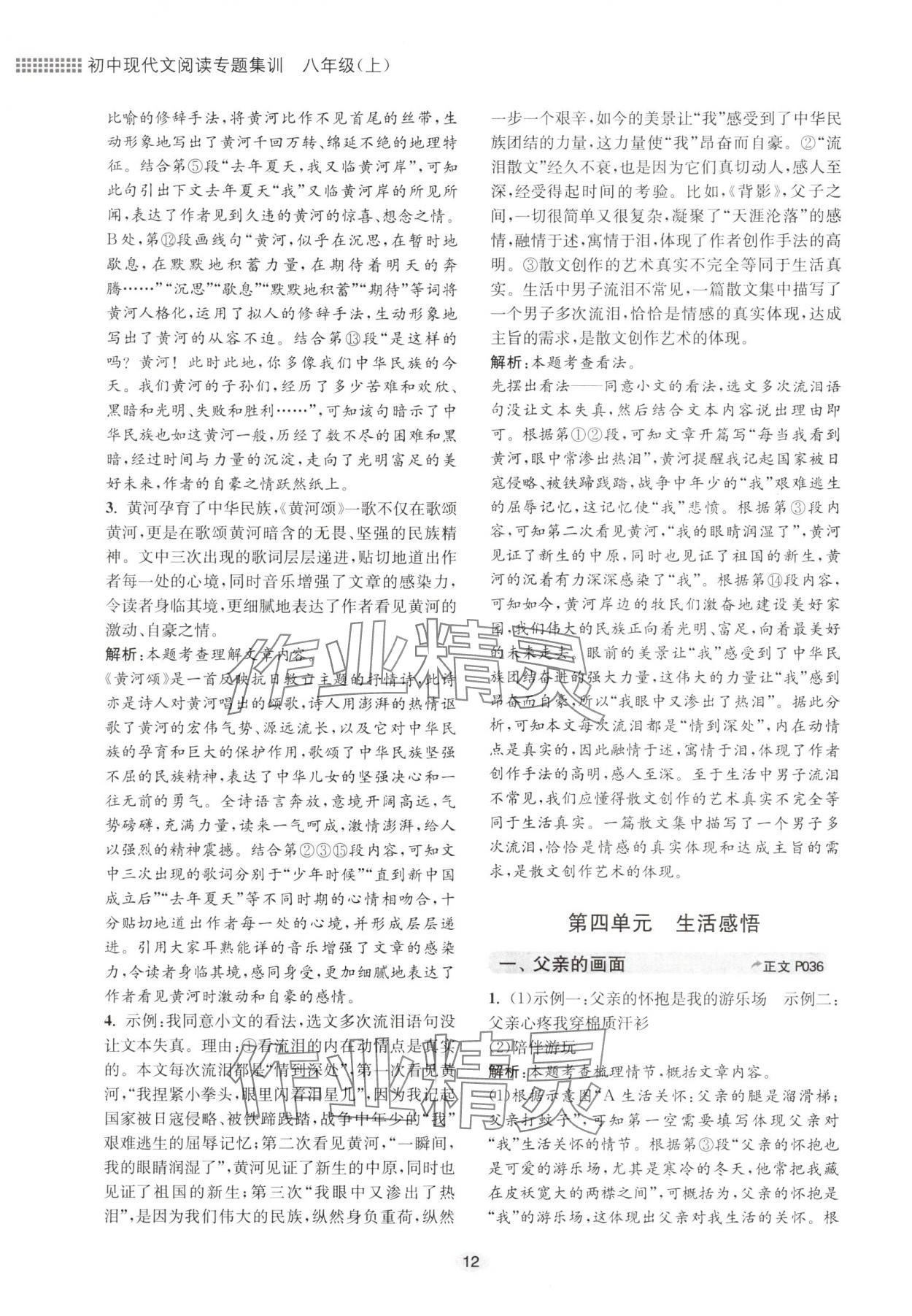 2024年初中现代文阅读专题集训八年级语文人教版&nbsp;参考答案第12页