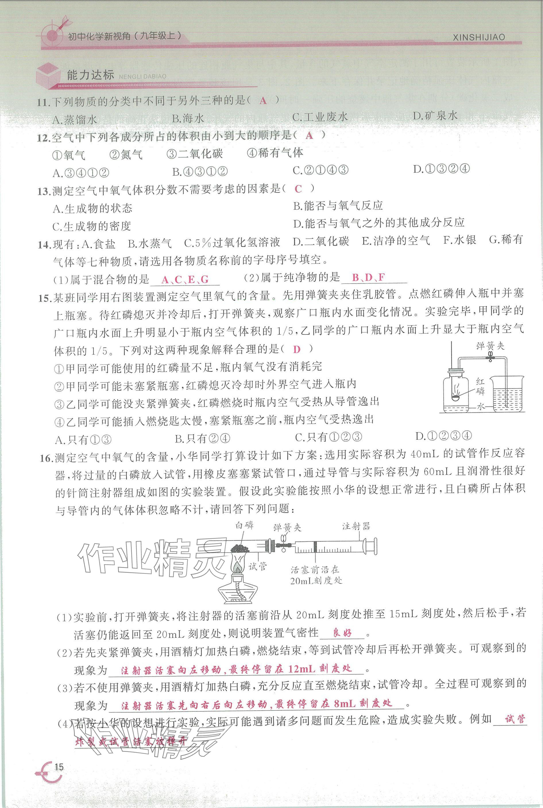 2025年新视角教辅系列丛书九年级化学上册人教版 参考答案第15页