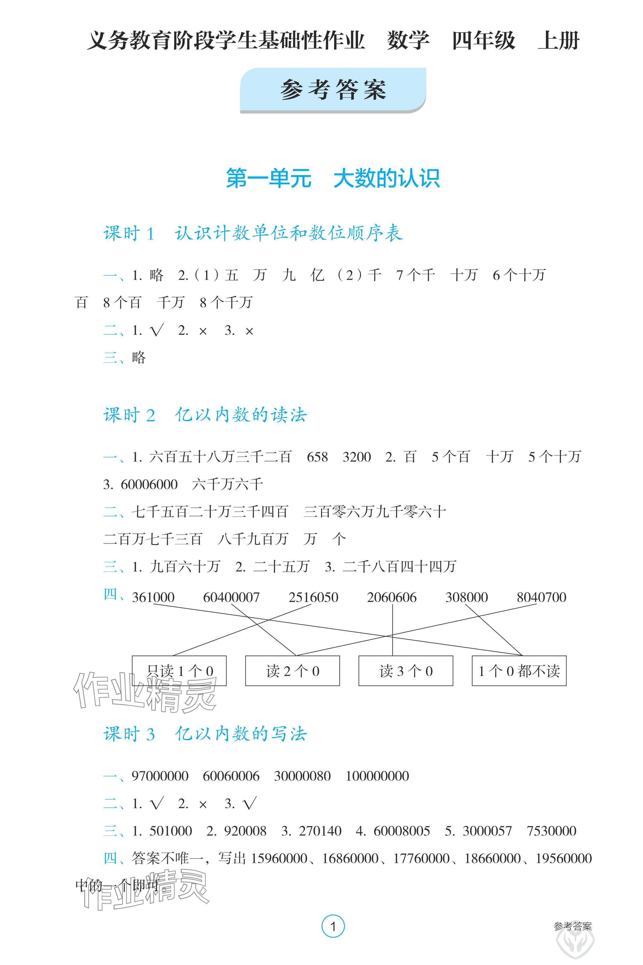 2024年學(xué)生基礎(chǔ)性作業(yè)四年級數(shù)學(xué)上冊人教版 參考答案第1頁