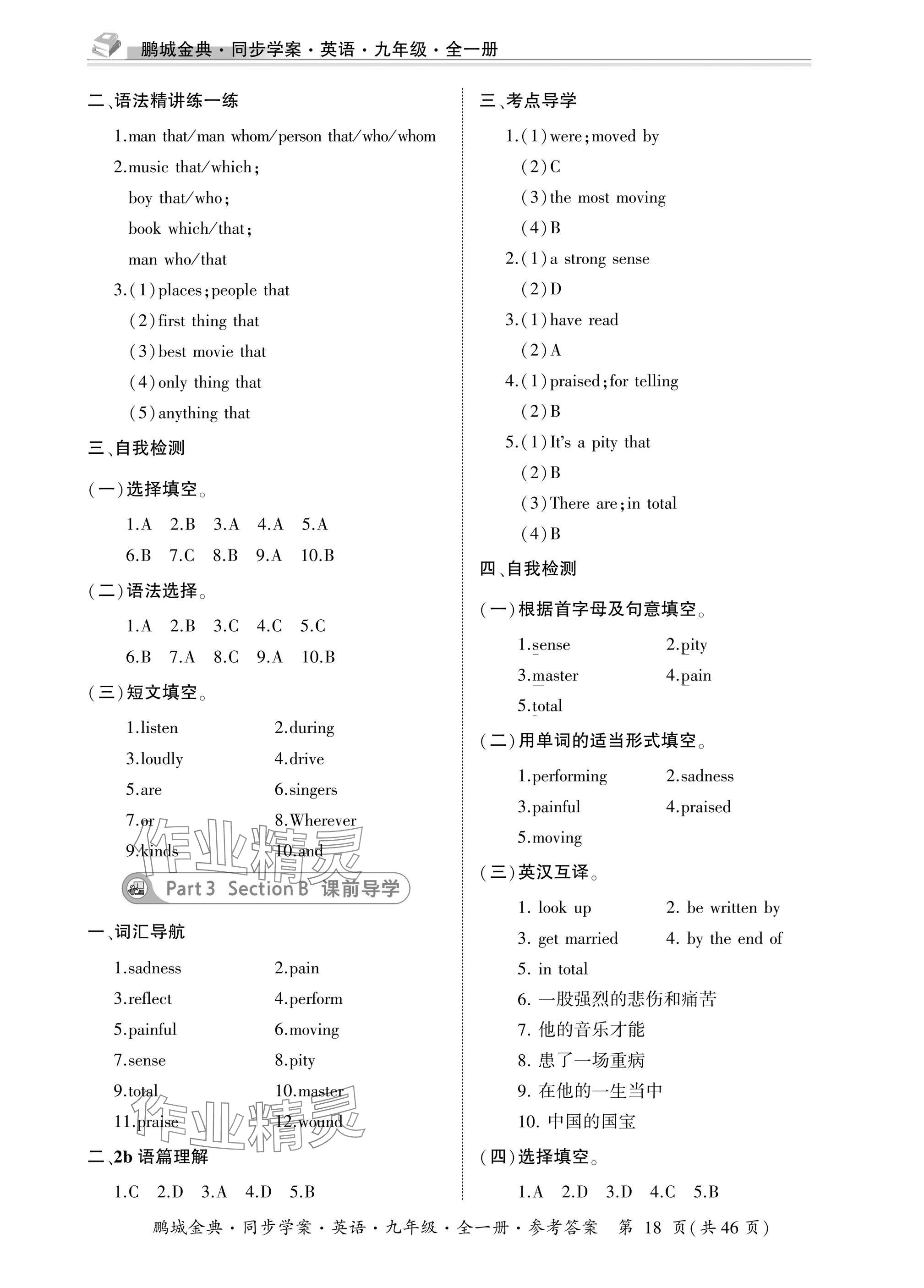 2025年名师帮同步学案九年级英语全一册人教版&nbsp;参考答案第18页