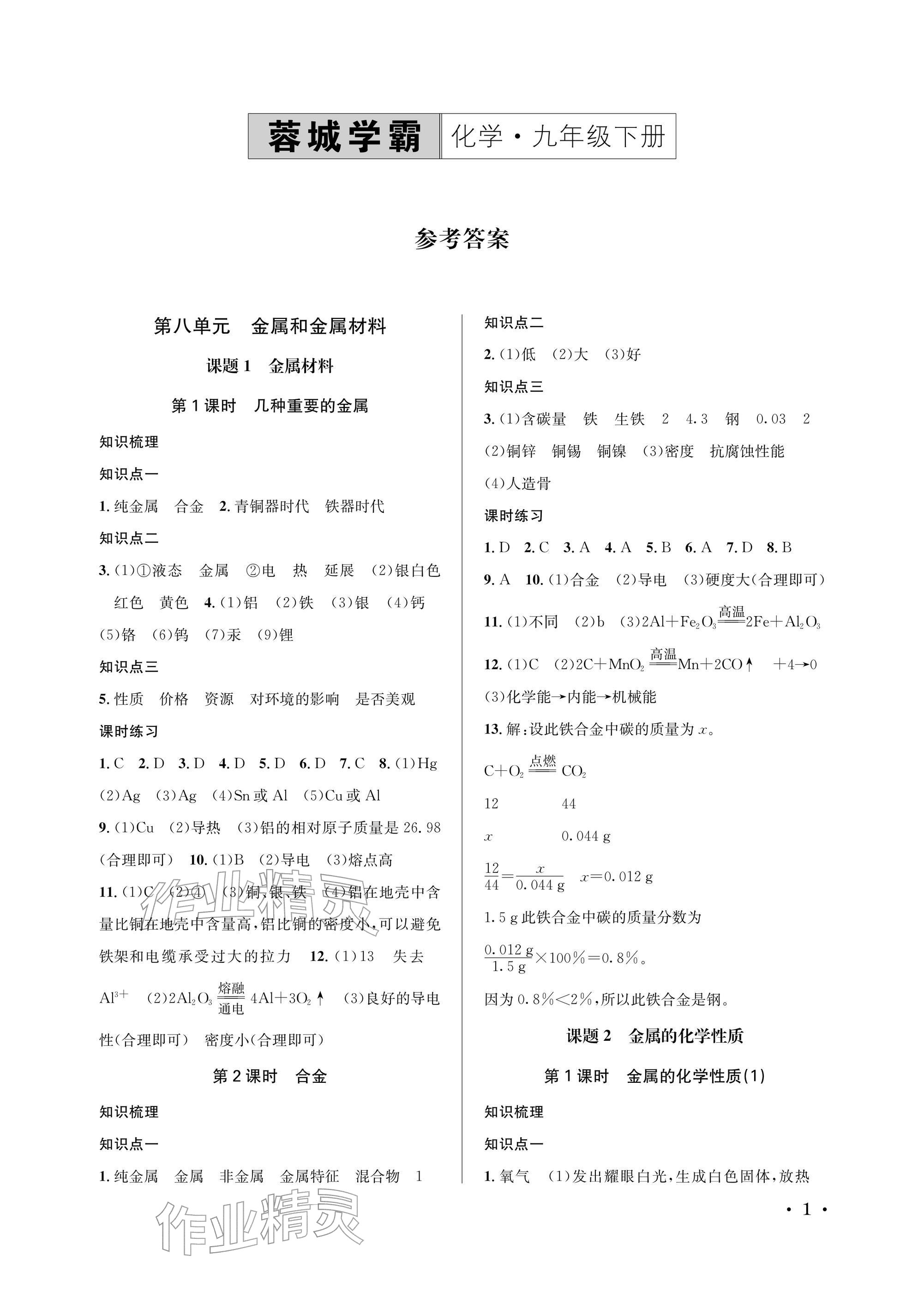 2026年蓉城之星九年级化学下册人教版&nbsp;参考答案第1页