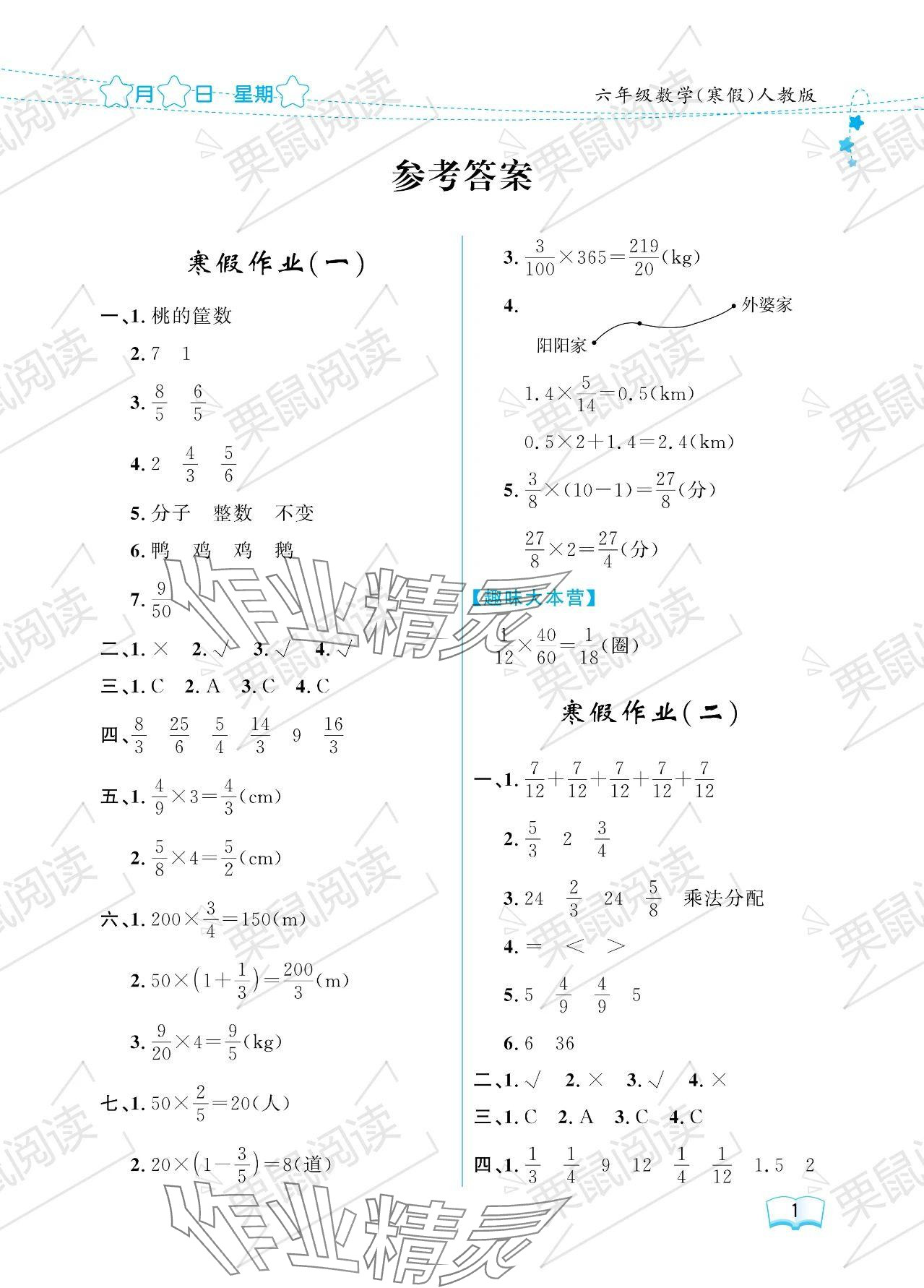 2024年阳光假日寒假六年级数学人教版 参考答案第1页