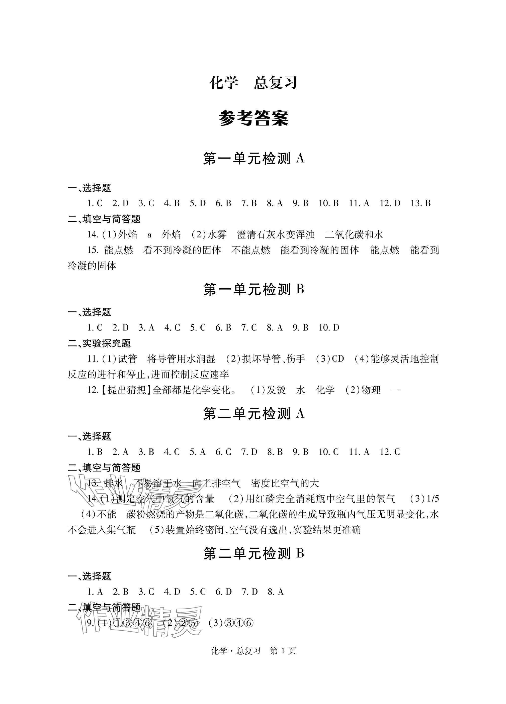 2025年自主學習指導課程總復習化學 參考答案第1頁