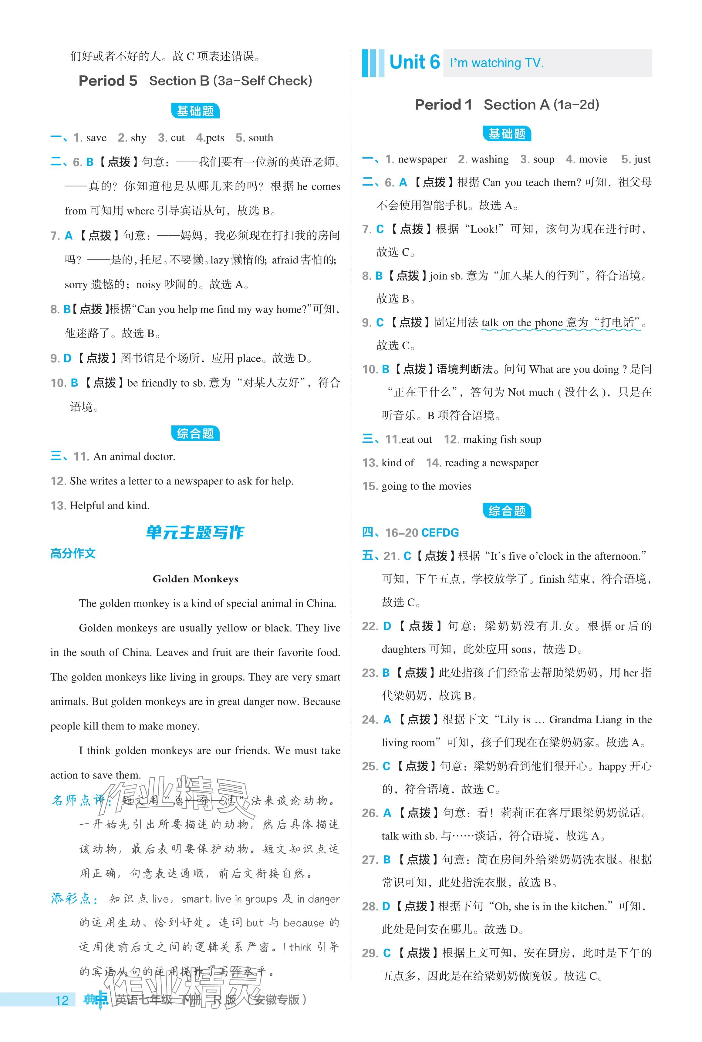 2024年綜合應(yīng)用創(chuàng)新題典中點(diǎn)七年級(jí)英語(yǔ)下冊(cè)人教版安徽專用 參考答案第12頁(yè)