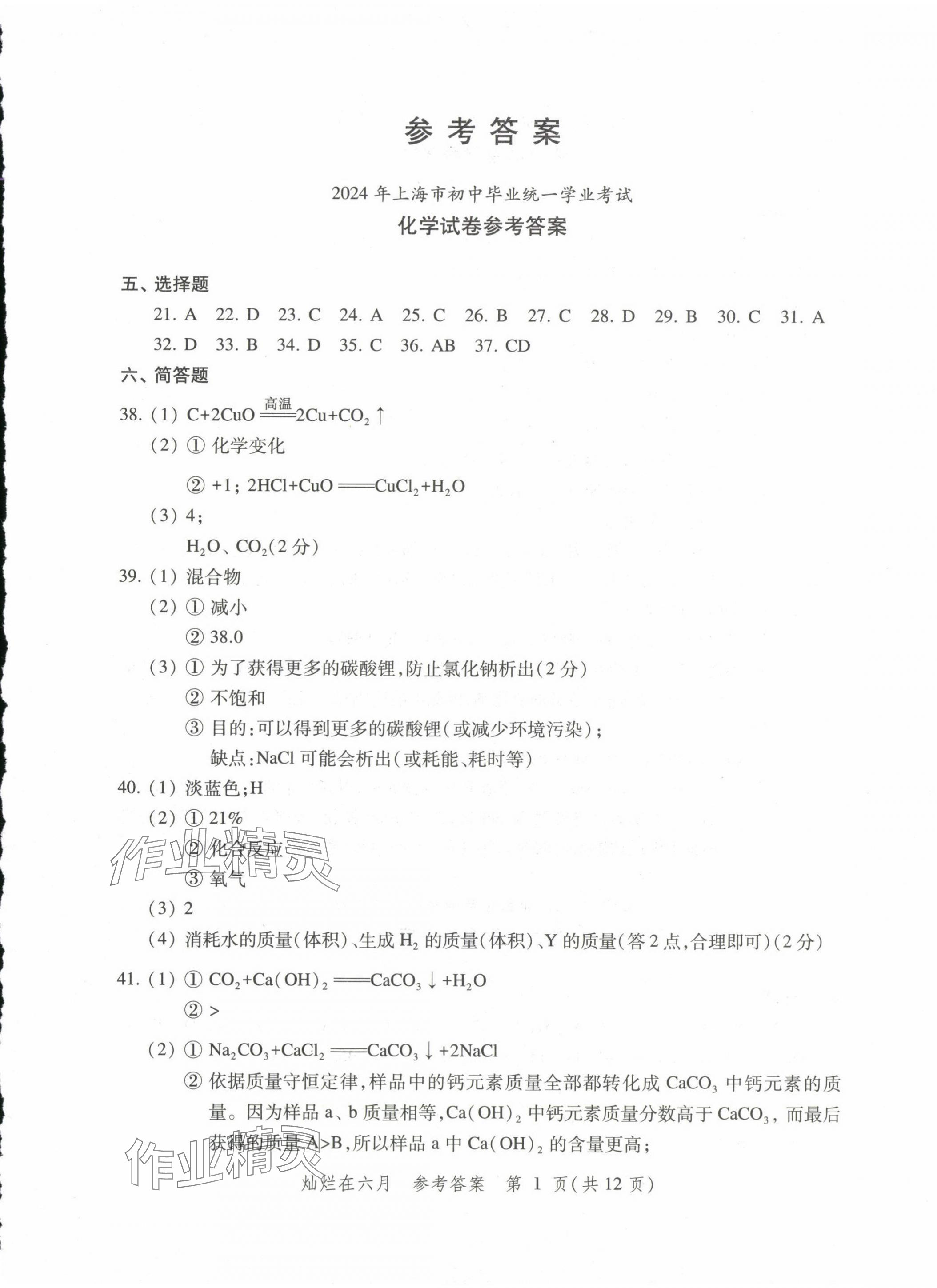 2025年灿烂在六月上海中考真卷化学 第1页