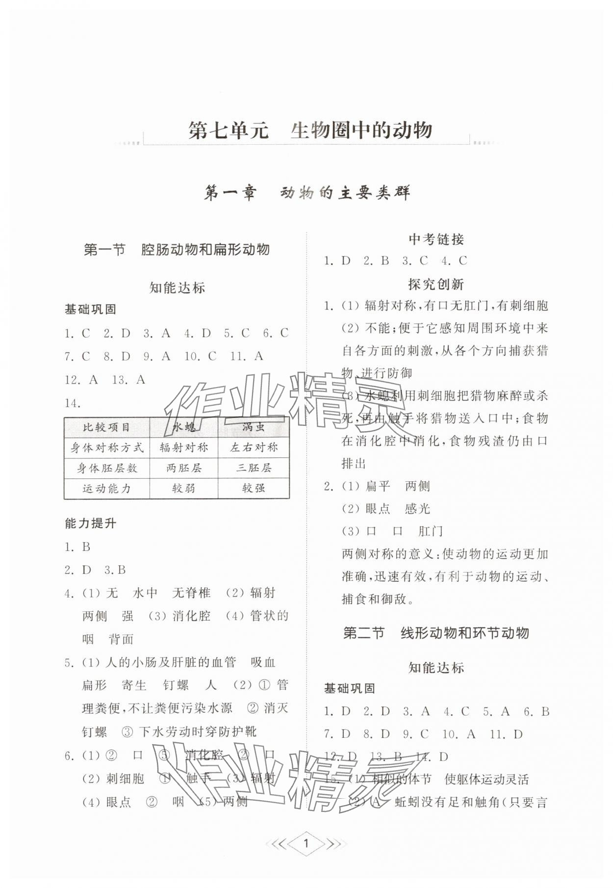 2024年综合能力训练八年级生物上册鲁科版54制 参考答案第1页