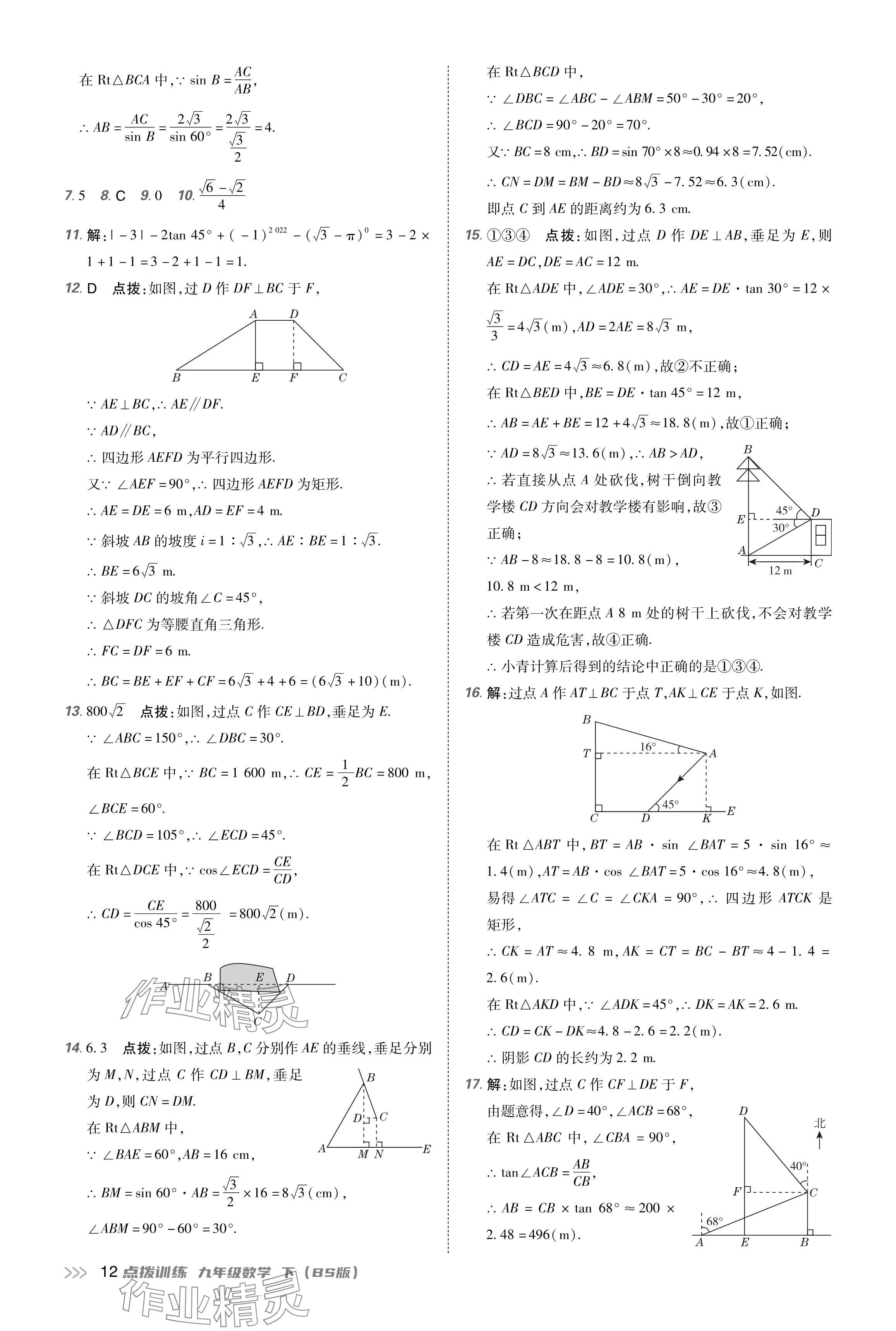 2024年點(diǎn)撥訓(xùn)練九年級(jí)數(shù)學(xué)下冊(cè)北師大版福建專版 參考答案第12頁(yè)