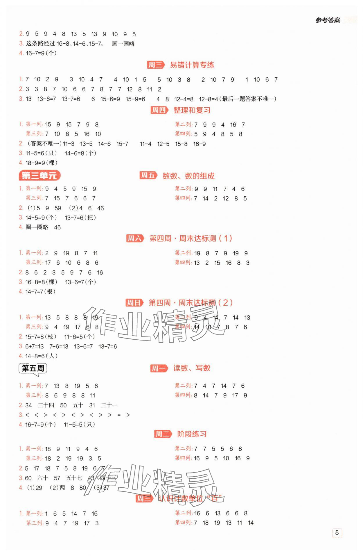 2025年星級口算天天練一年級數學下冊人教版 參考答案第4頁