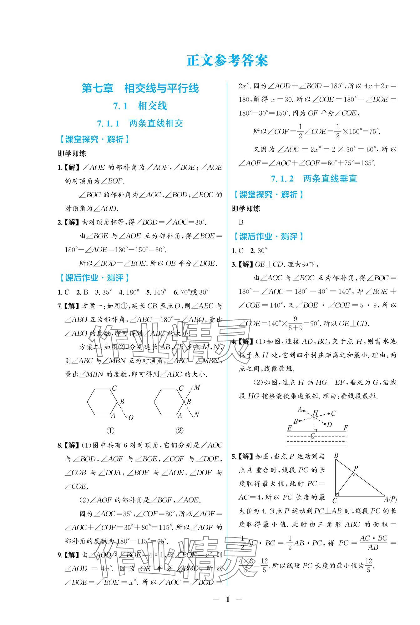 2025年陽光課堂金牌練習(xí)冊七年級數(shù)學(xué)下冊人教版福建專版 參考答案第1頁