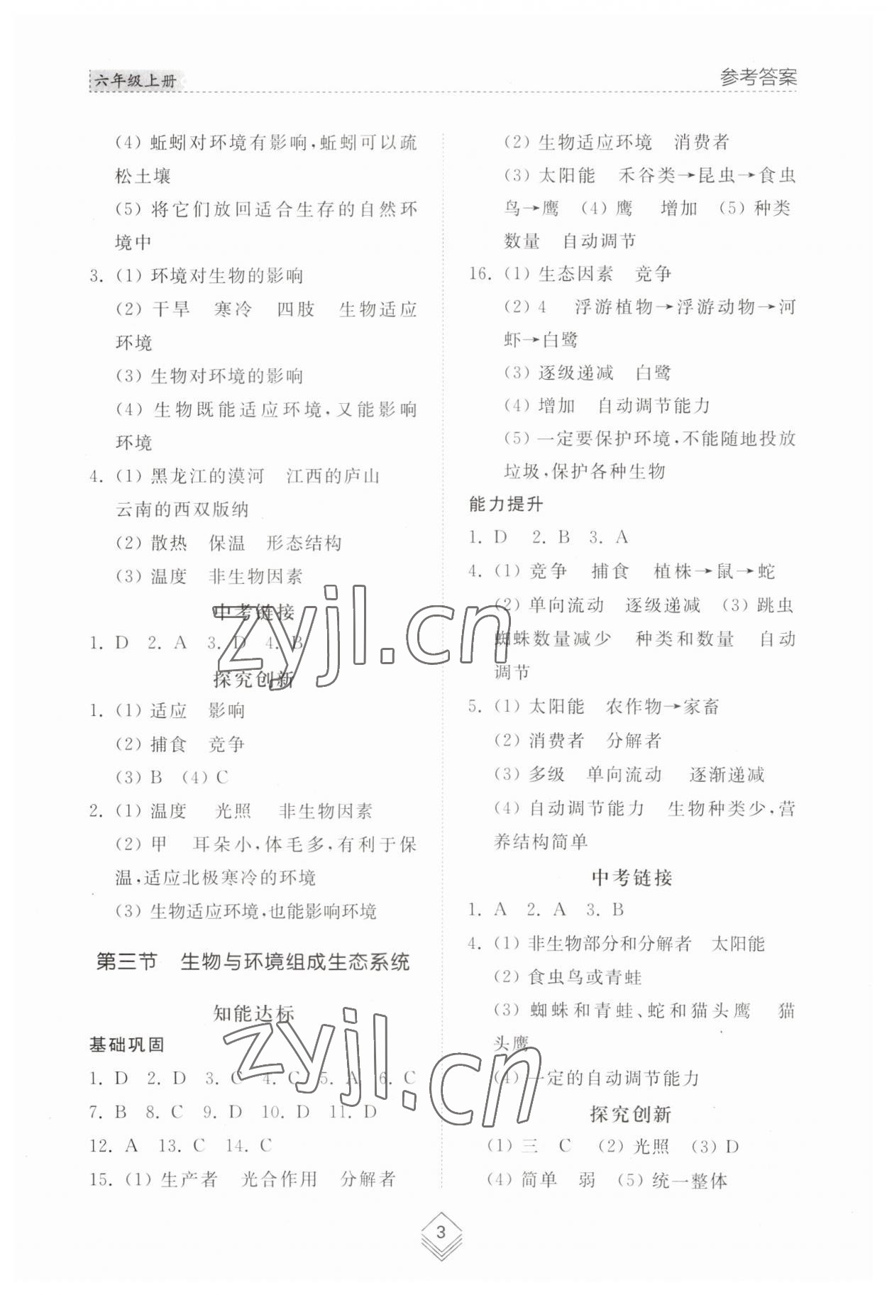 2023年綜合能力訓(xùn)練六年級生物上冊魯科版54制 參考答案第3頁