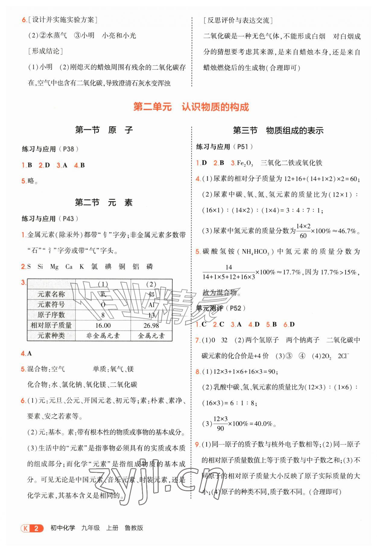 2026年教材课本九年级化学上册鲁教版&nbsp;参考答案第2页