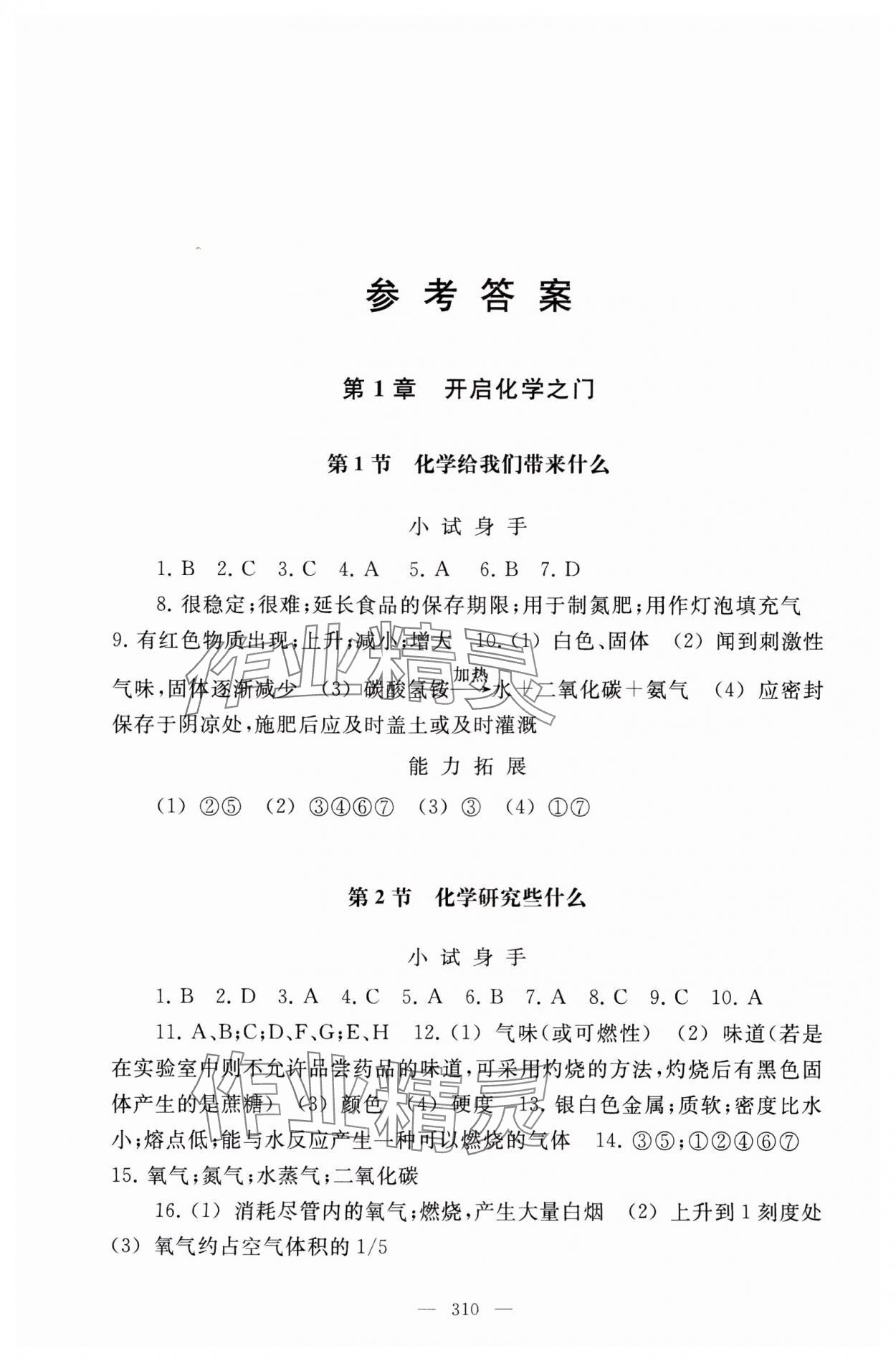 2023年探究与训练九年级化学全一册沪教版 参考答案第1页