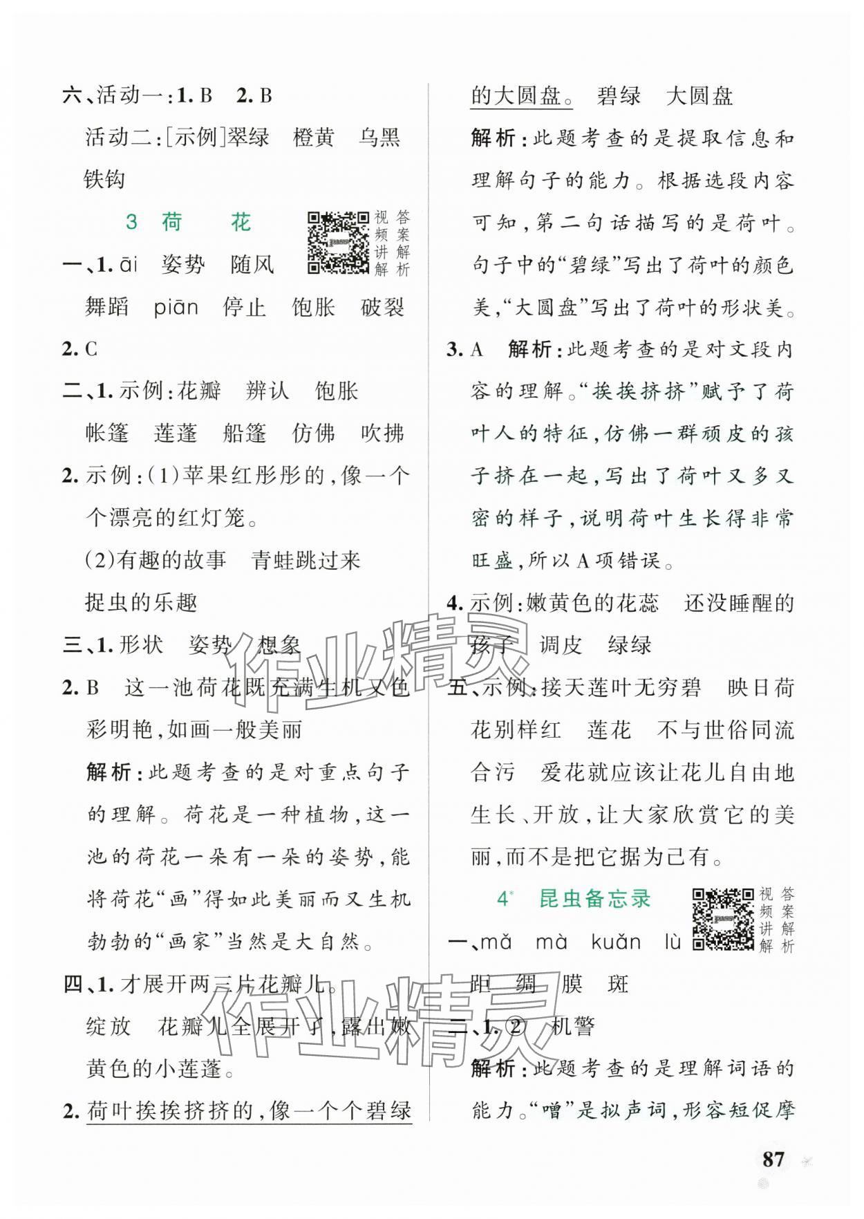 2025年小學(xué)學(xué)霸作業(yè)本三年級語文下冊人教版廣東專版 參考答案第3頁