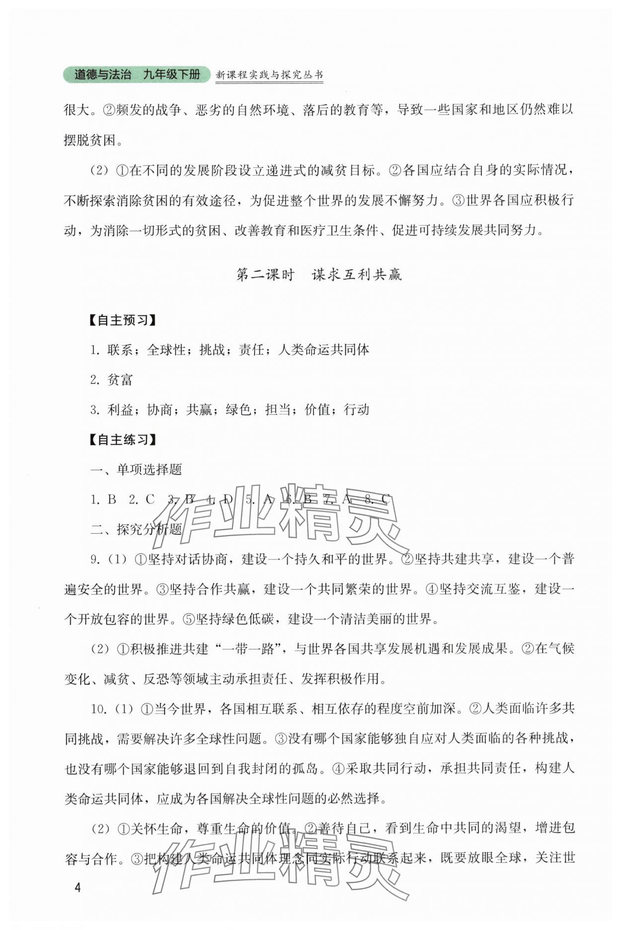 2025年新課程實踐與探究叢書九年級道德與法治下冊人教版 參考答案第4頁