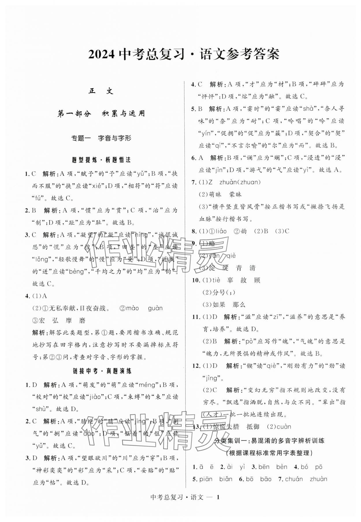 2024年創(chuàng)新與探究中考總復(fù)習(xí)語文 參考答案第1頁