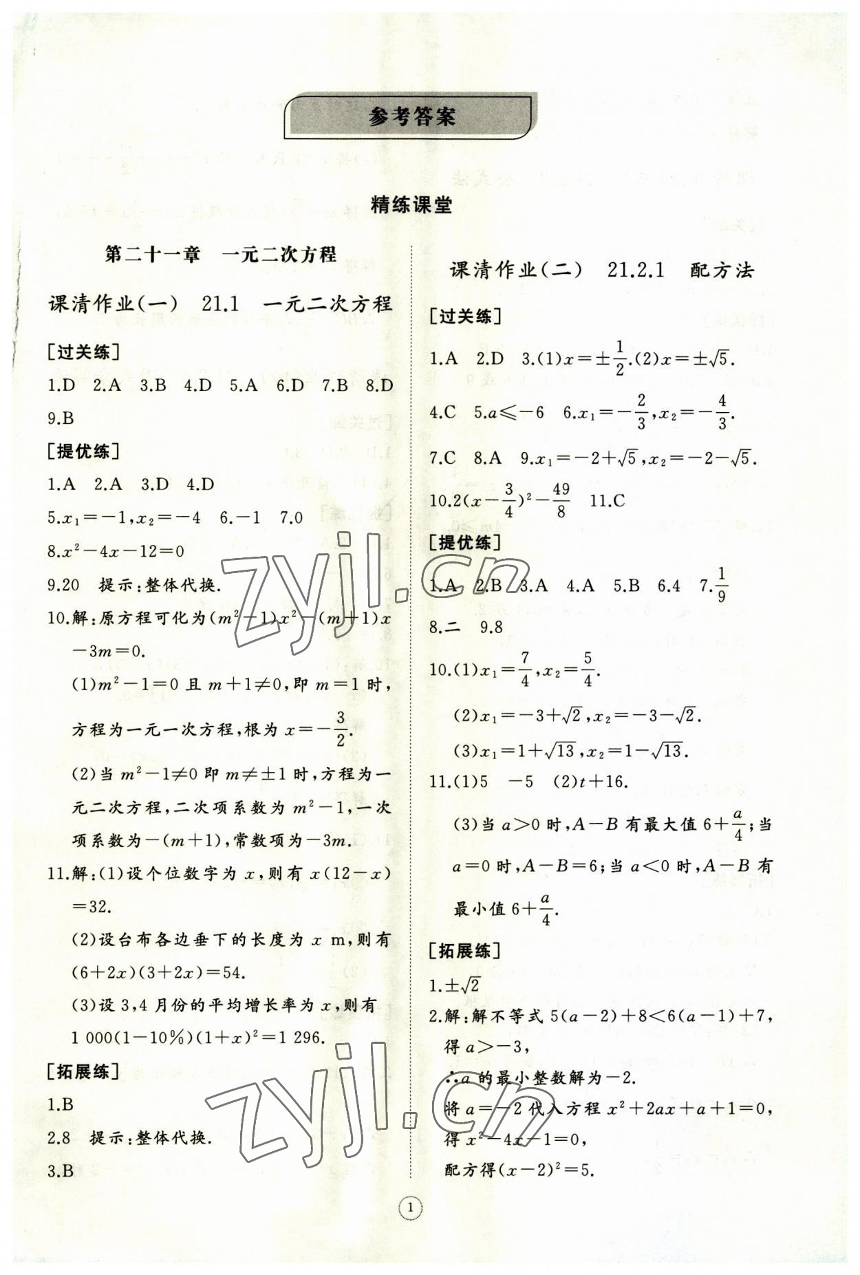 2023年同步练习册智慧作业九年级数学上册人教版 第1页