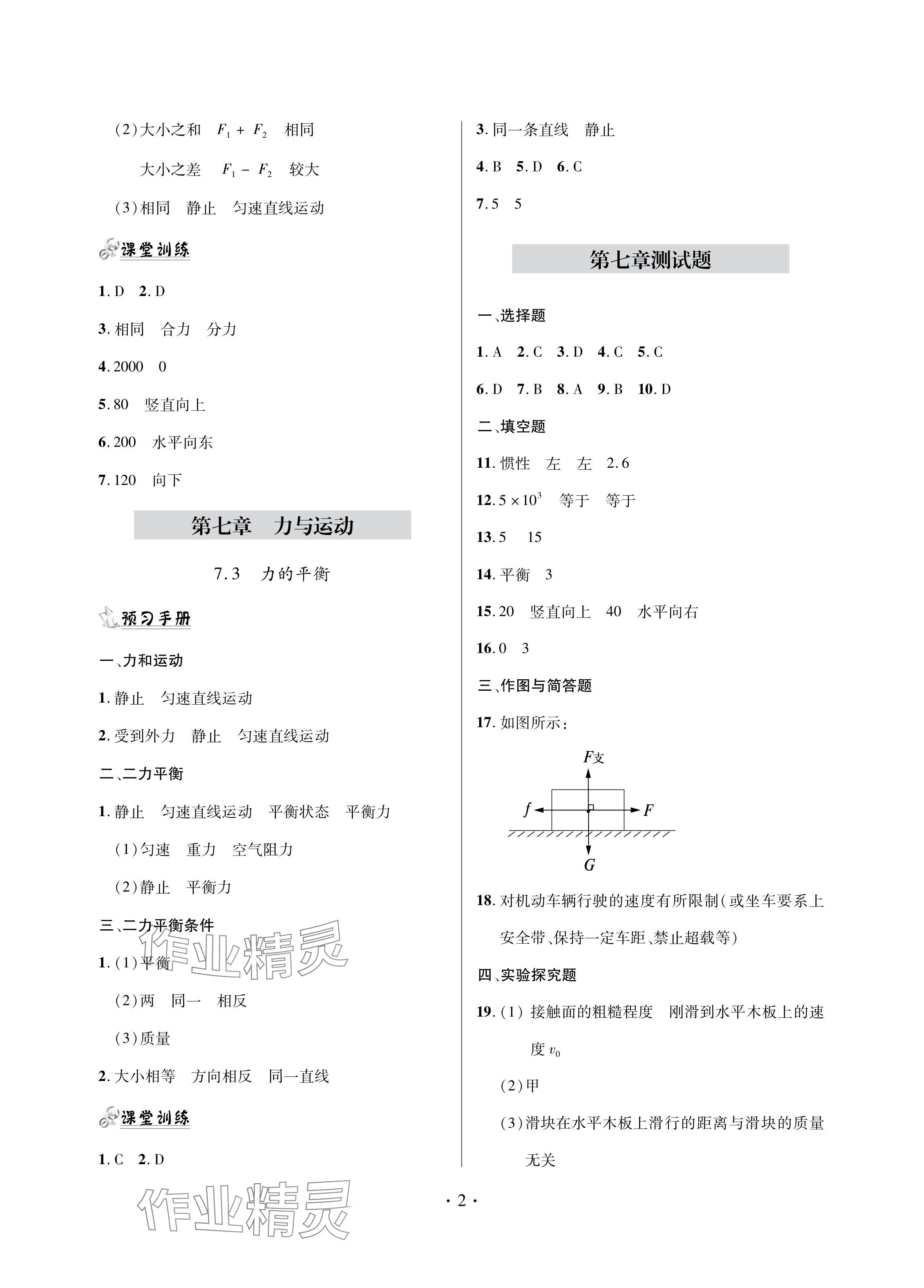 2024年单元自测试卷青岛出版社八年级物理下册沪科版 参考答案第2页