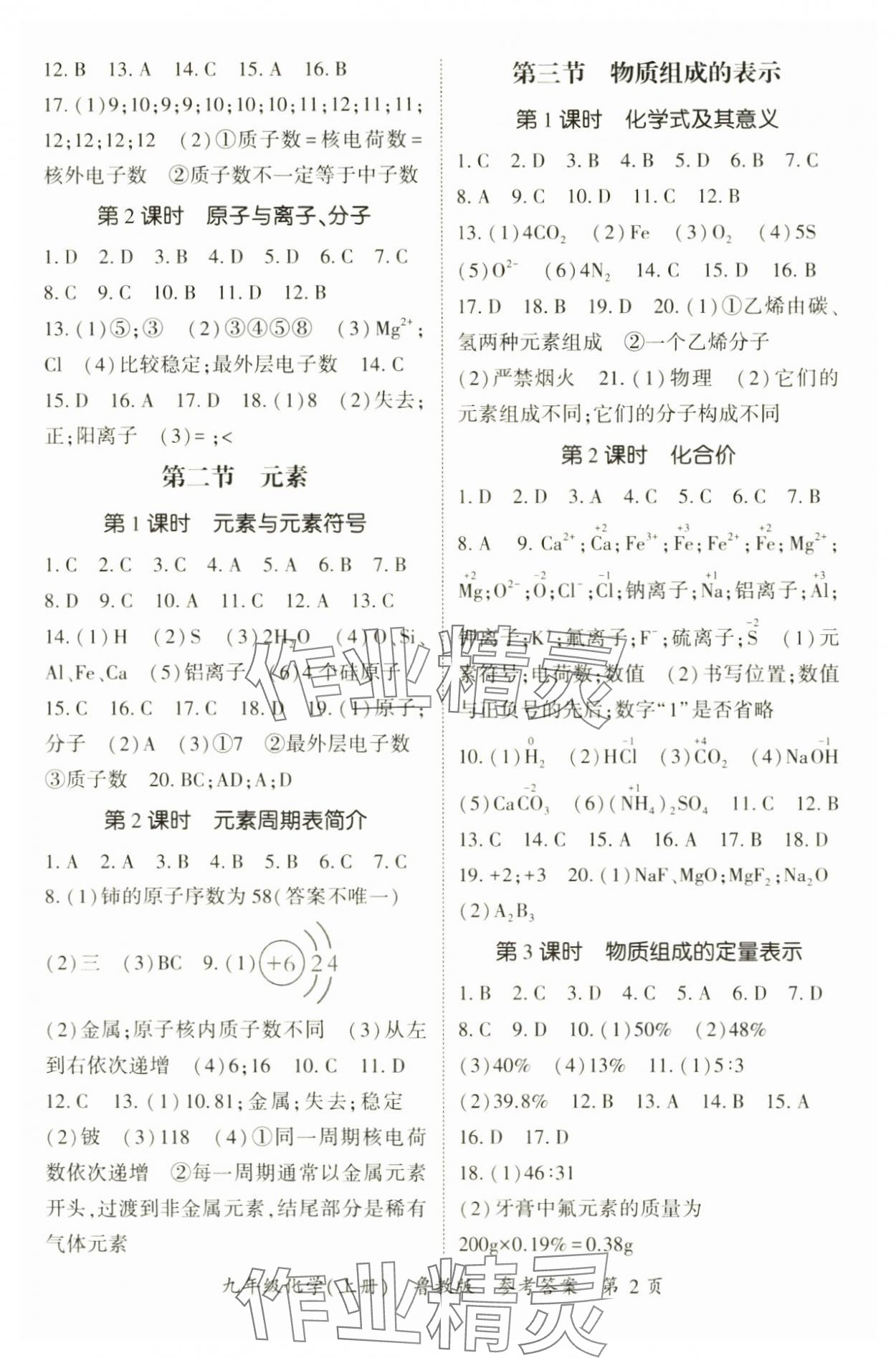 2024年启航新课堂九年级化学上册鲁教版 参考答案第2页