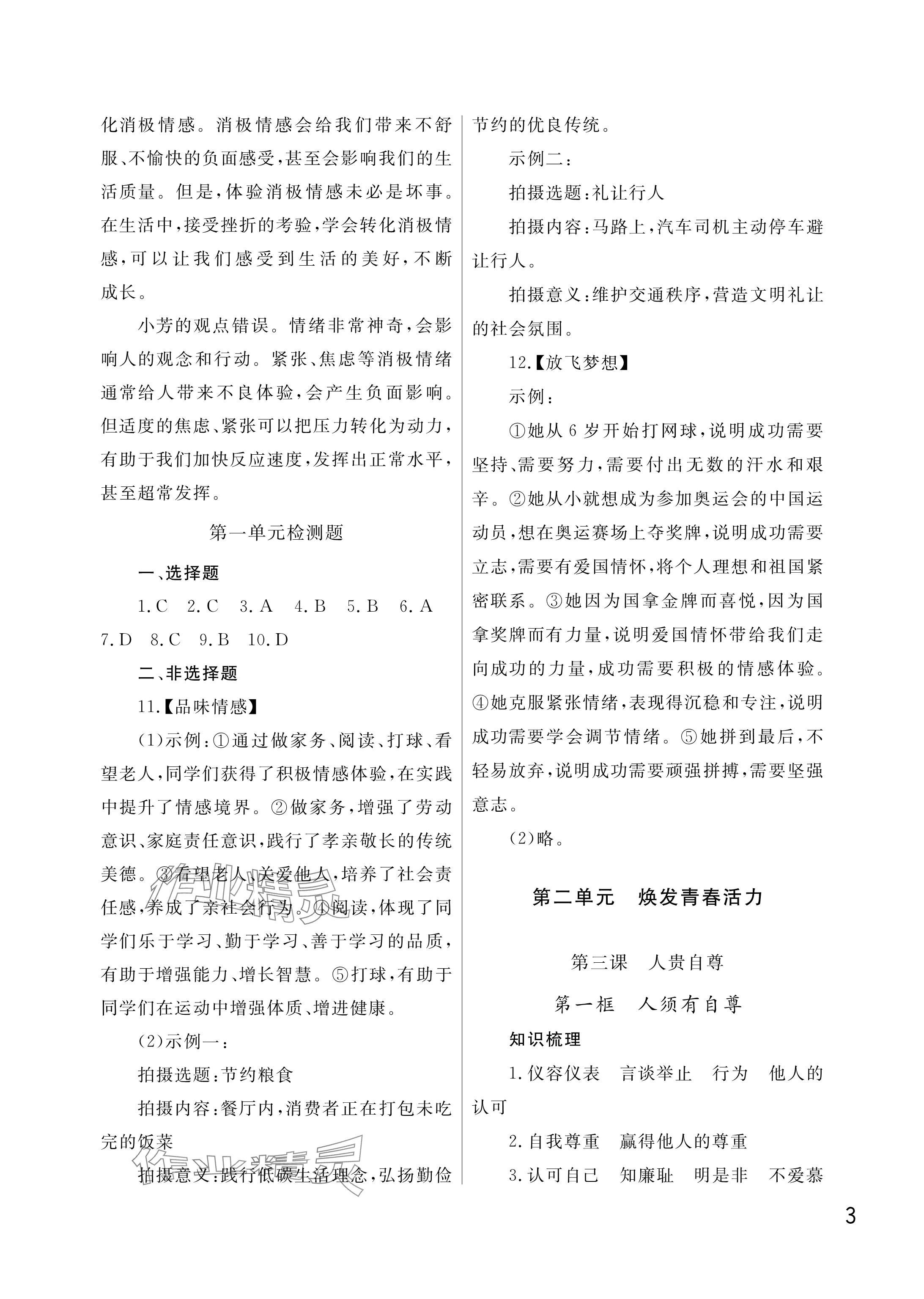 2025年課堂作業(yè)武漢出版社七年級道德與法治下冊人教版 參考答案第3頁