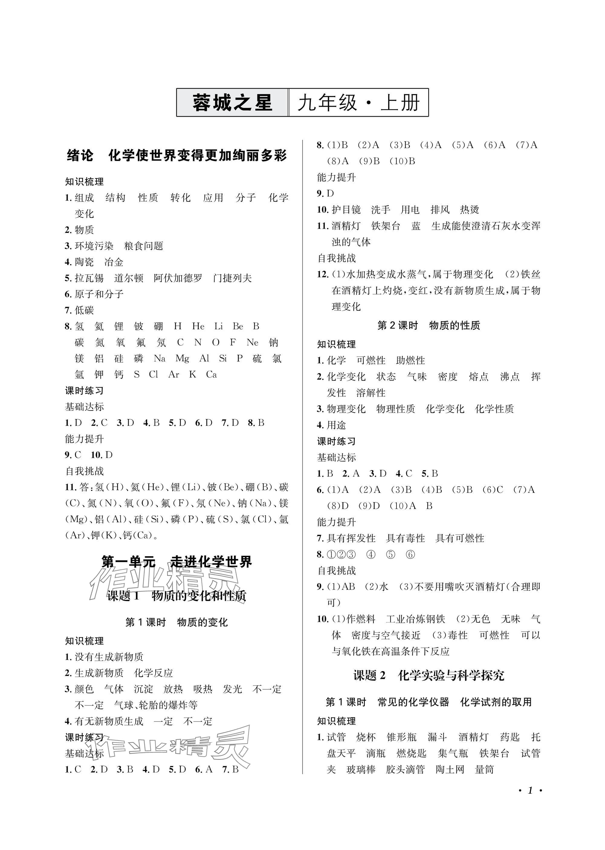 2025年蓉城之星九年级化学上册人教版 参考答案第1页