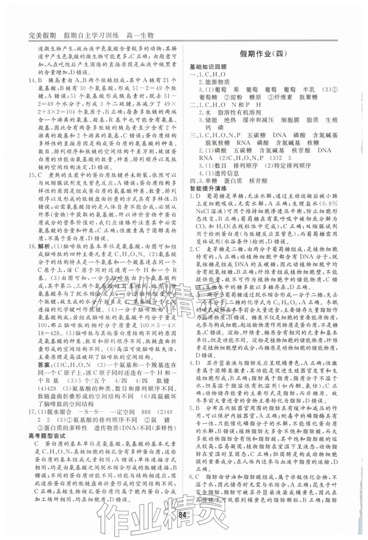 2026年完美假期假期自主學(xué)習(xí)訓(xùn)練高一生物&nbsp;參考答案第5頁