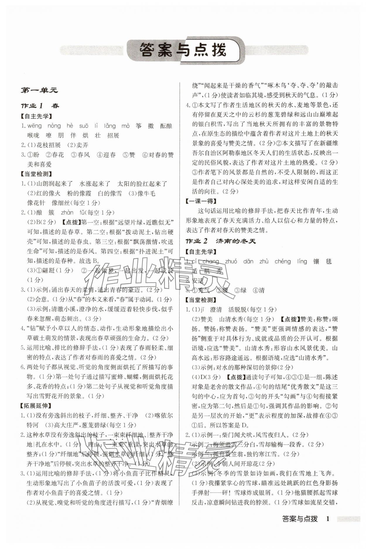 2025年启东中学作业本七年级语文上册人教版盐城专版 第1页