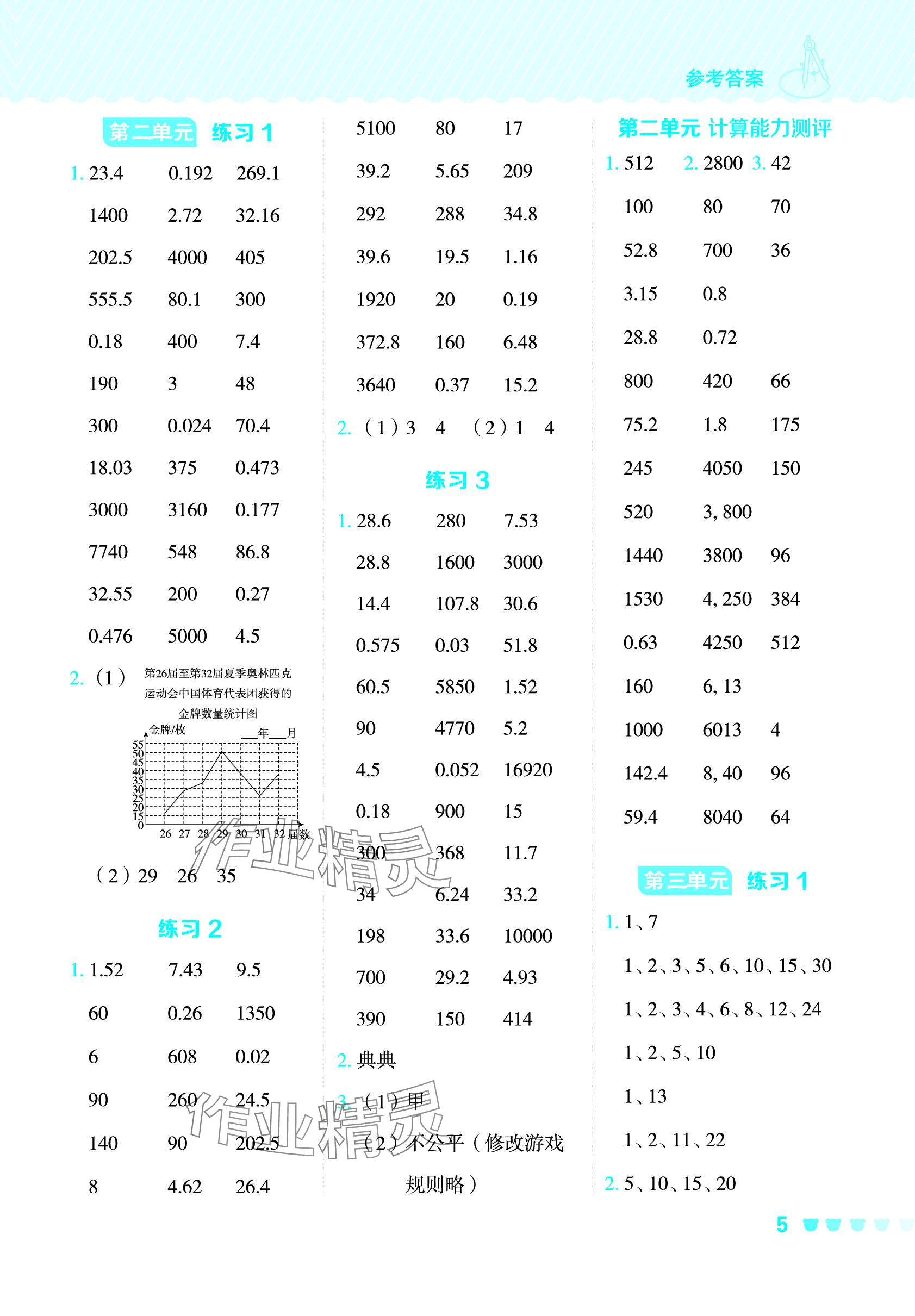 2024年星級(jí)口算天天練五年級(jí)數(shù)學(xué)下冊(cè)北京版 參考答案第5頁(yè)