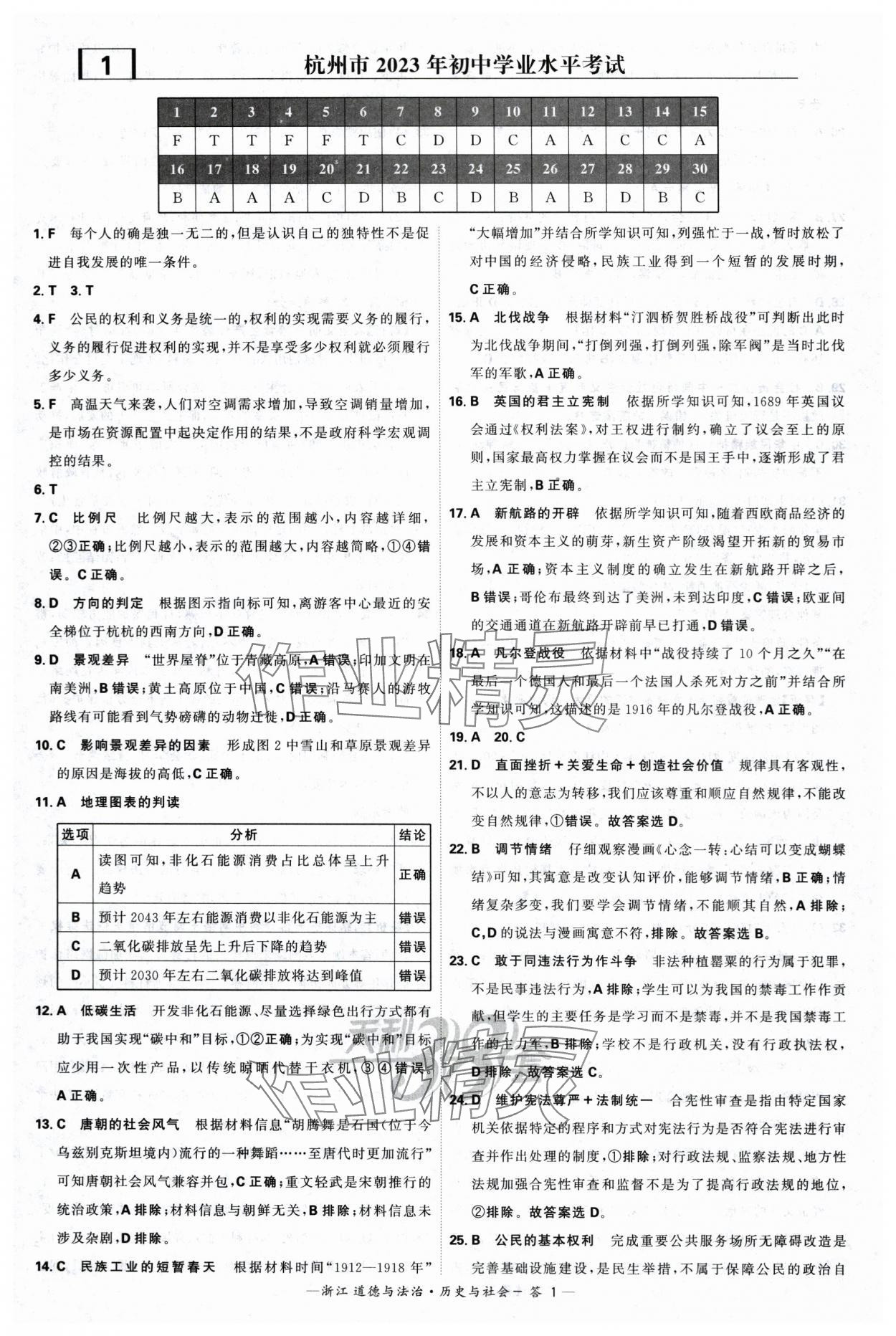 2024年天利38套中考試題精選道德與法治浙江專版 參考答案第1頁