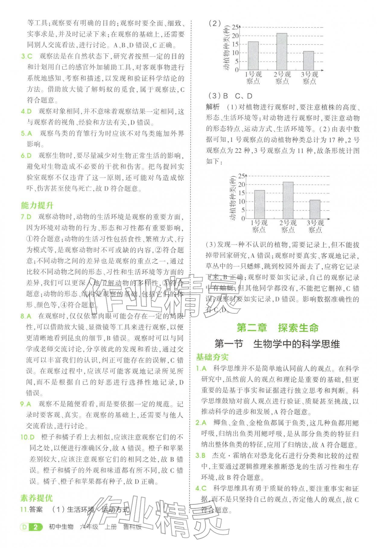 2025年5年中考3年模拟六年级生物上册鲁科版五四制 参考答案第2页