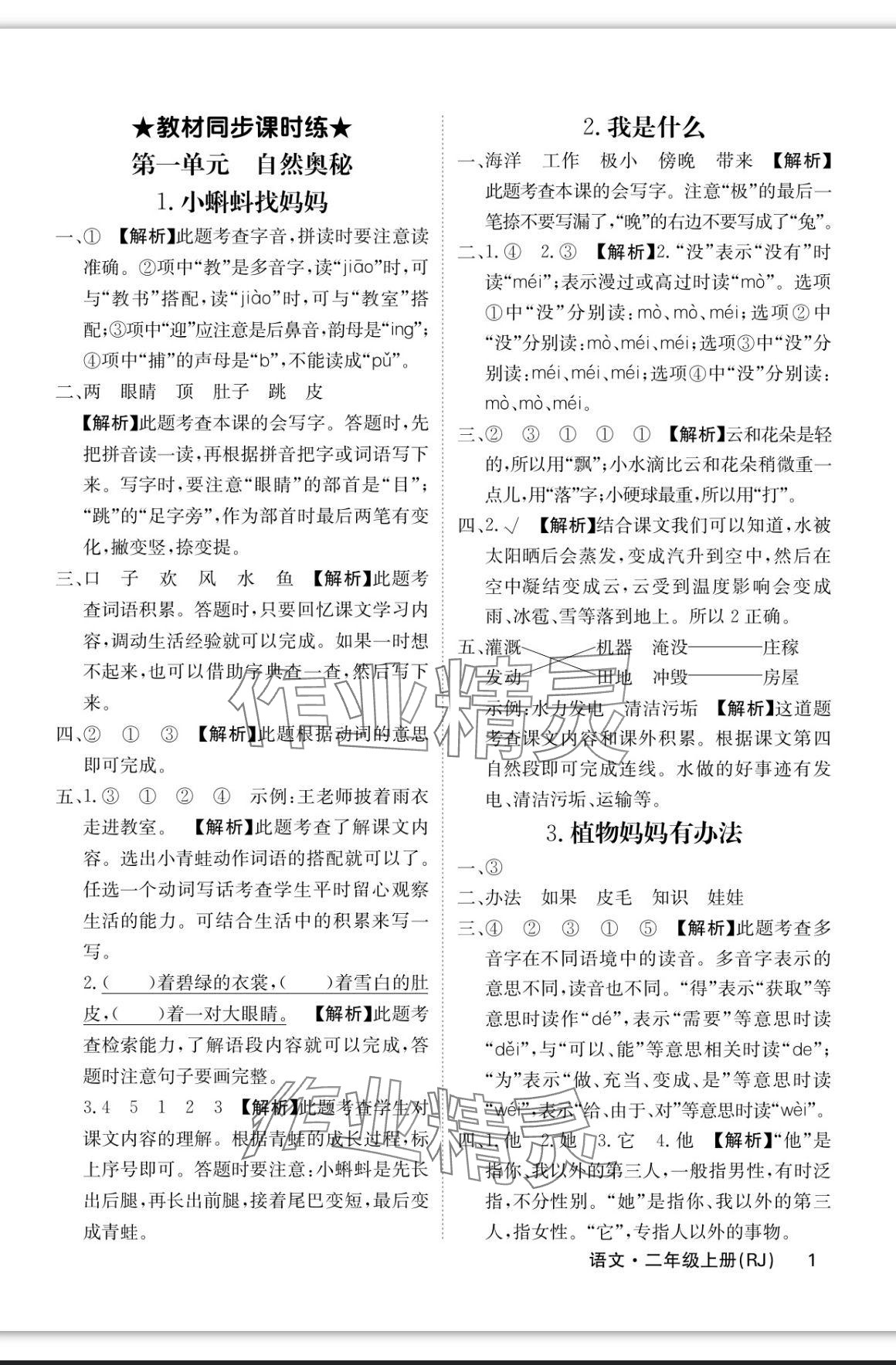 2023年課堂點睛二年級語文上冊人教版福建專版 參考答案第1頁