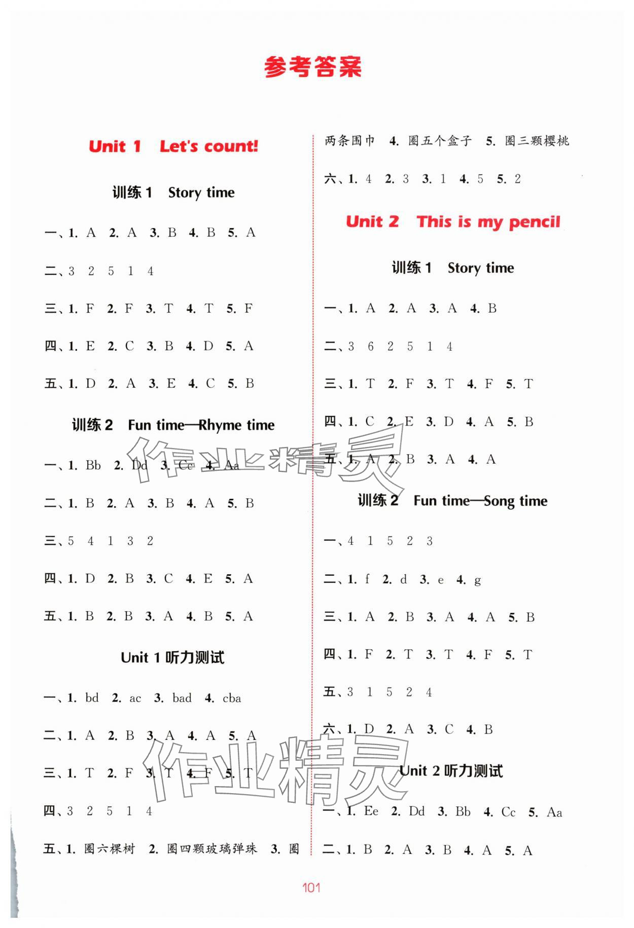 2024年通城学典小学英语听力能手一年级下册译林版 参考答案第1页