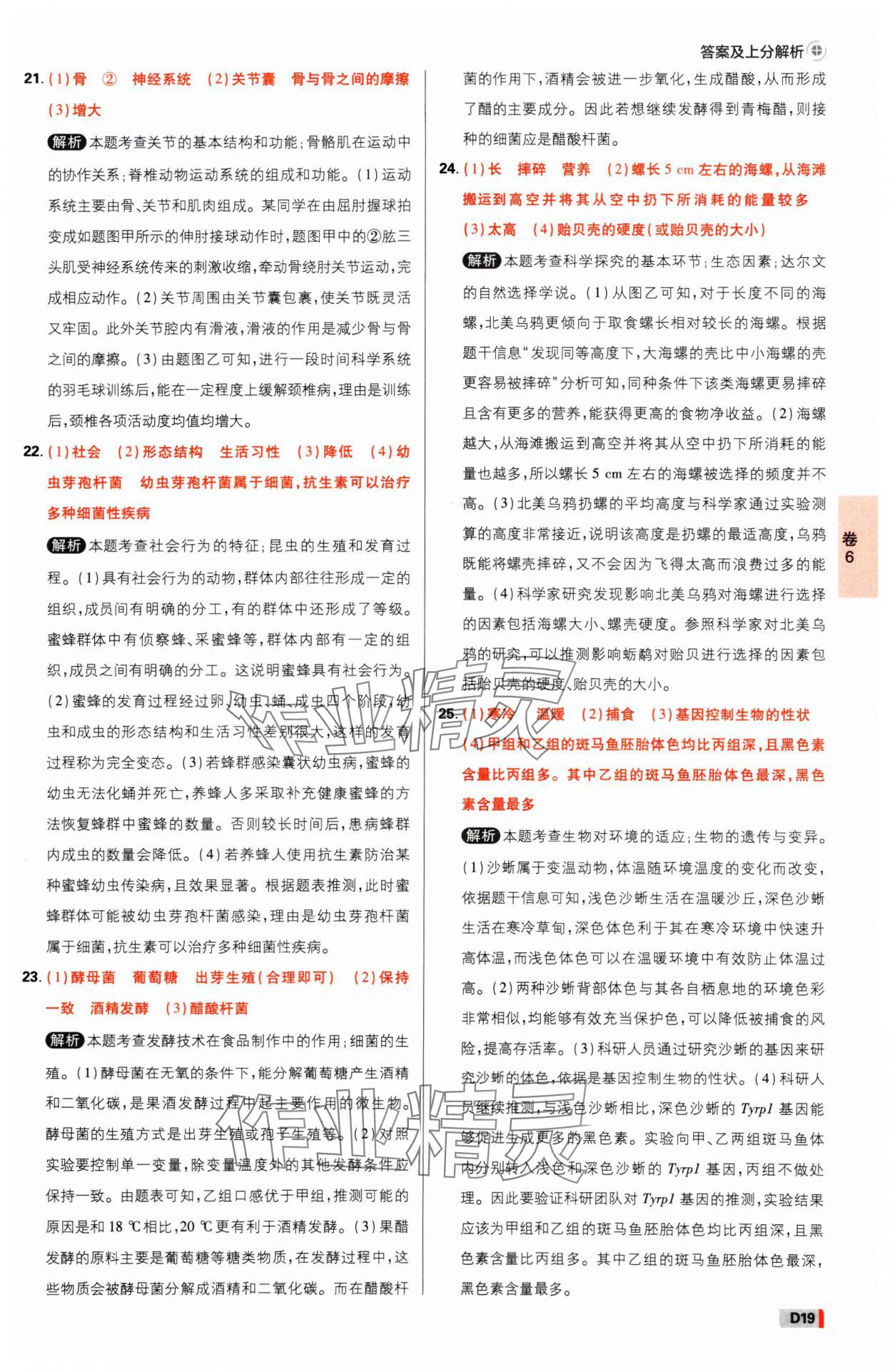 2025年中考必刷卷开明出版社生物河南专版&nbsp;参考答案第18页