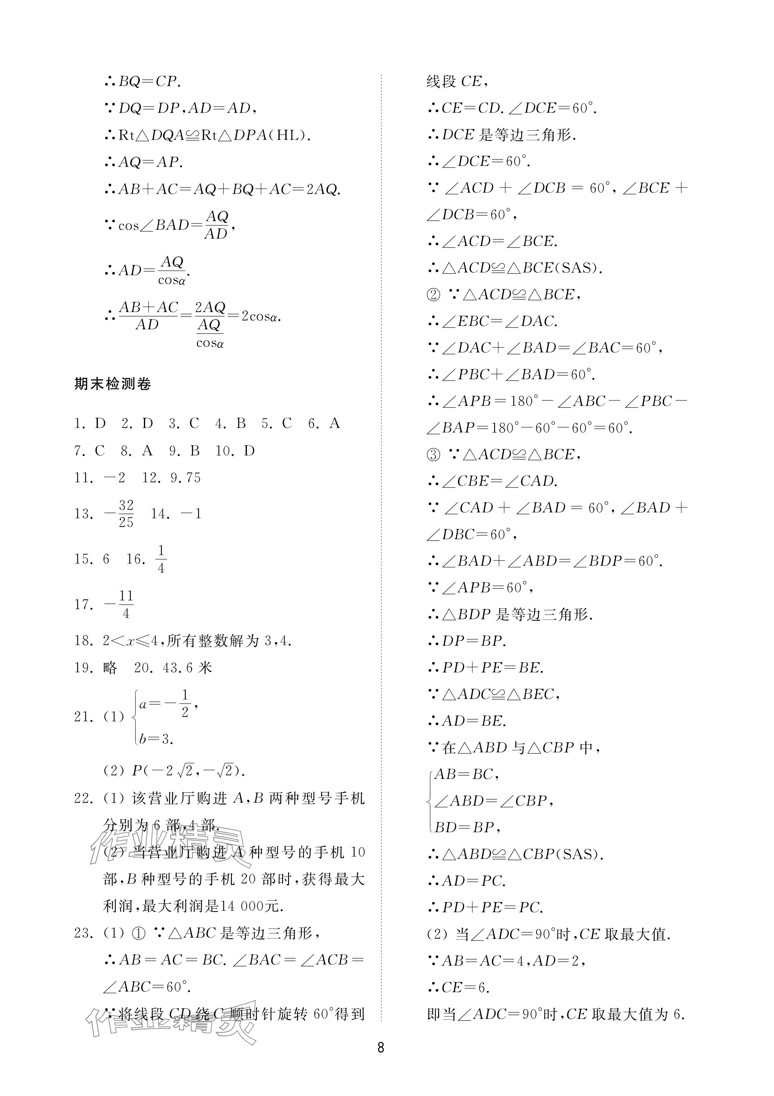 2024年同步練習(xí)冊(cè)配套檢測(cè)卷九年級(jí)數(shù)學(xué)下冊(cè)魯教版煙臺(tái)專版54制 參考答案第8頁(yè)