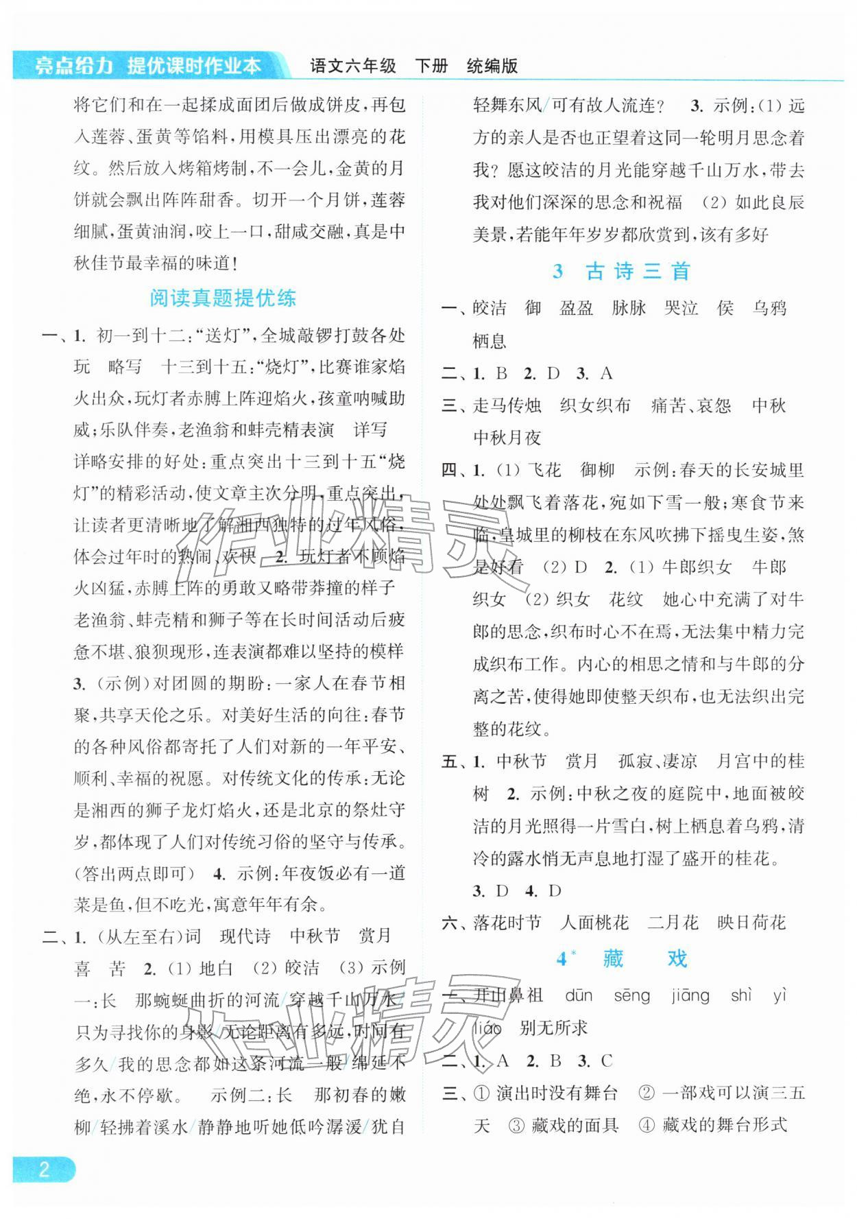 2026年亮点给力提优课时作业本六年级语文下册统编版&nbsp;参考答案第2页