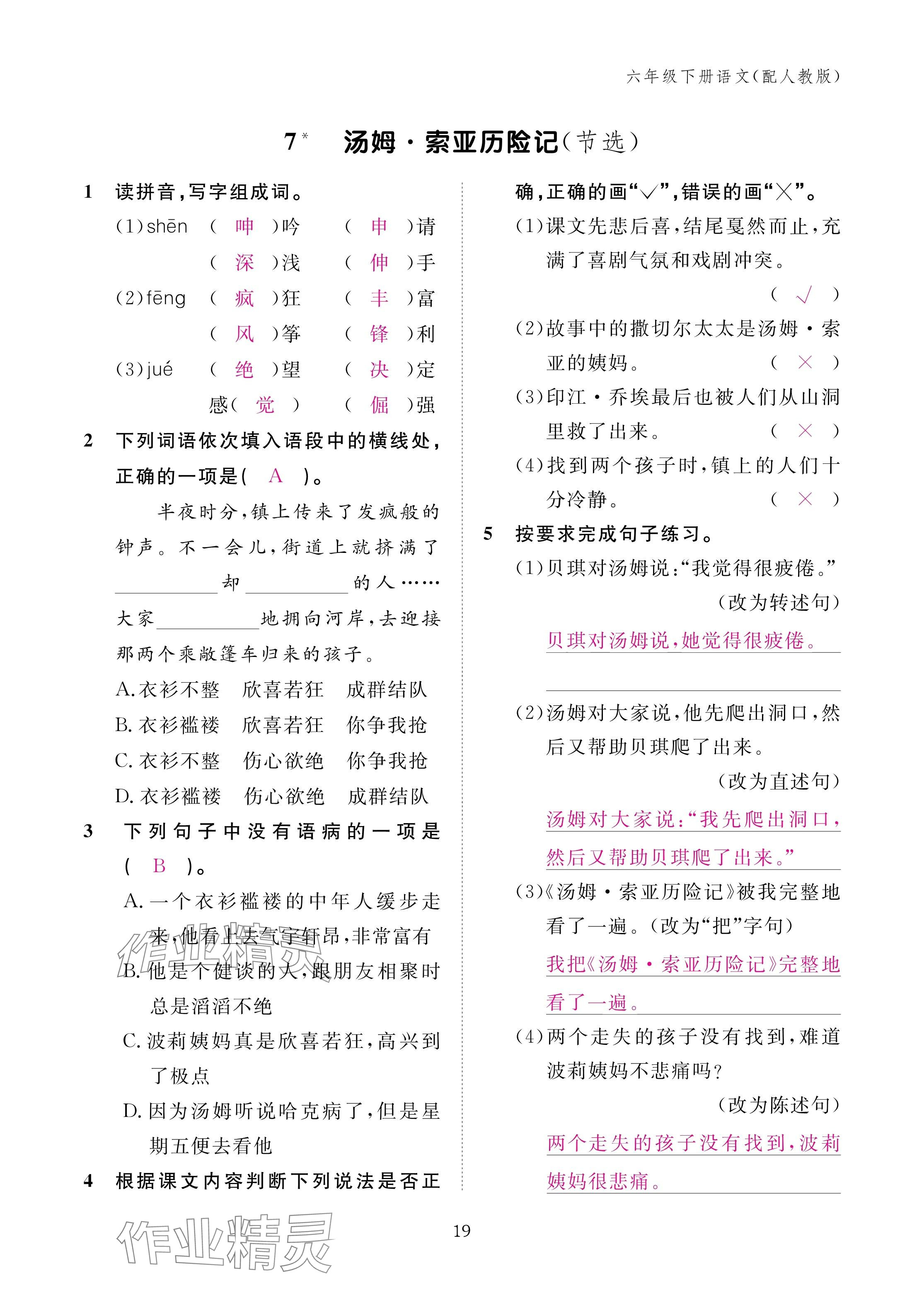 2025年作業(yè)本江西教育出版社六年級語文下冊人教版 參考答案第19頁