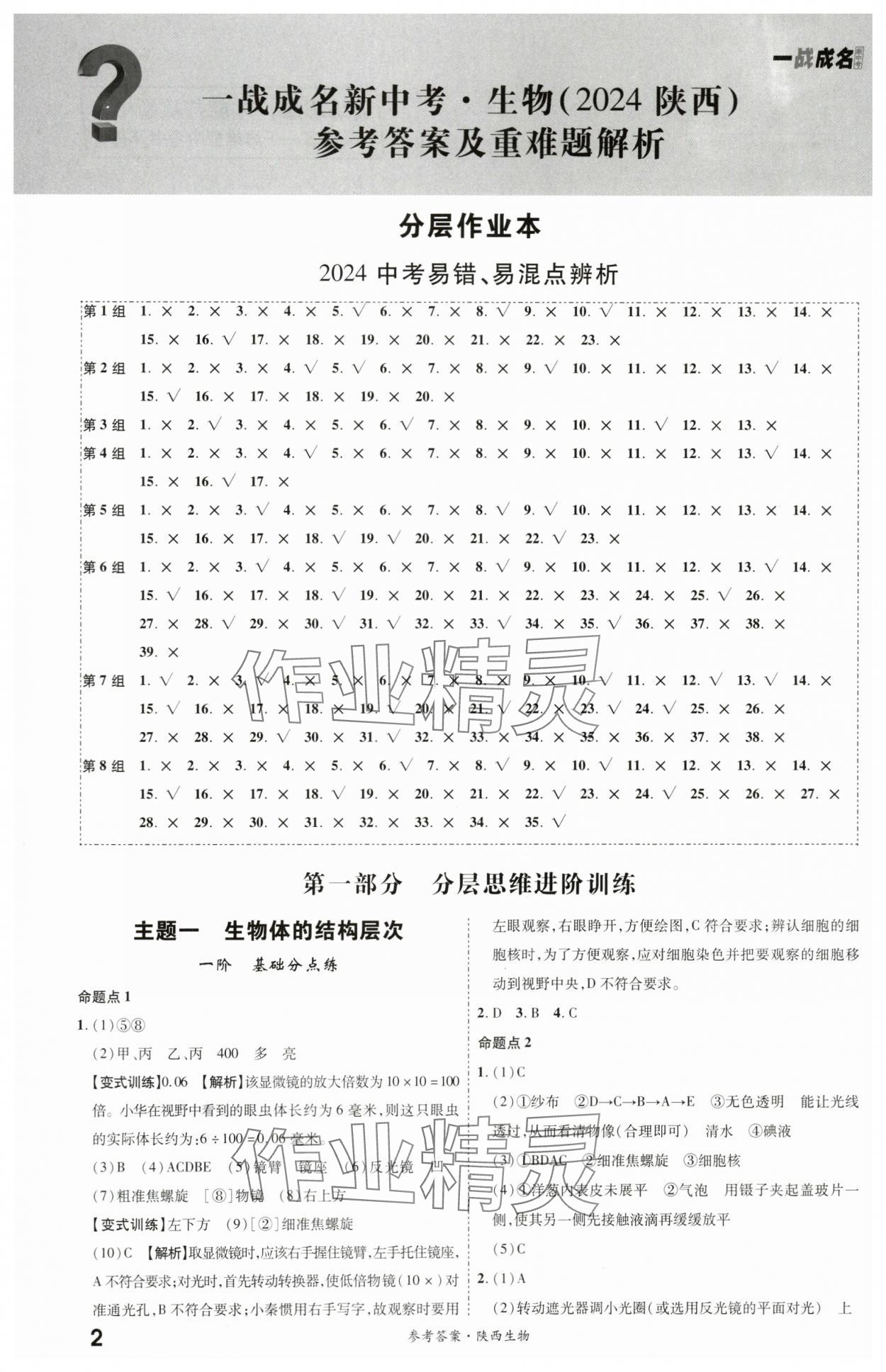 2024年一戰(zhàn)成名考前新方案生物陜西專版 參考答案第1頁