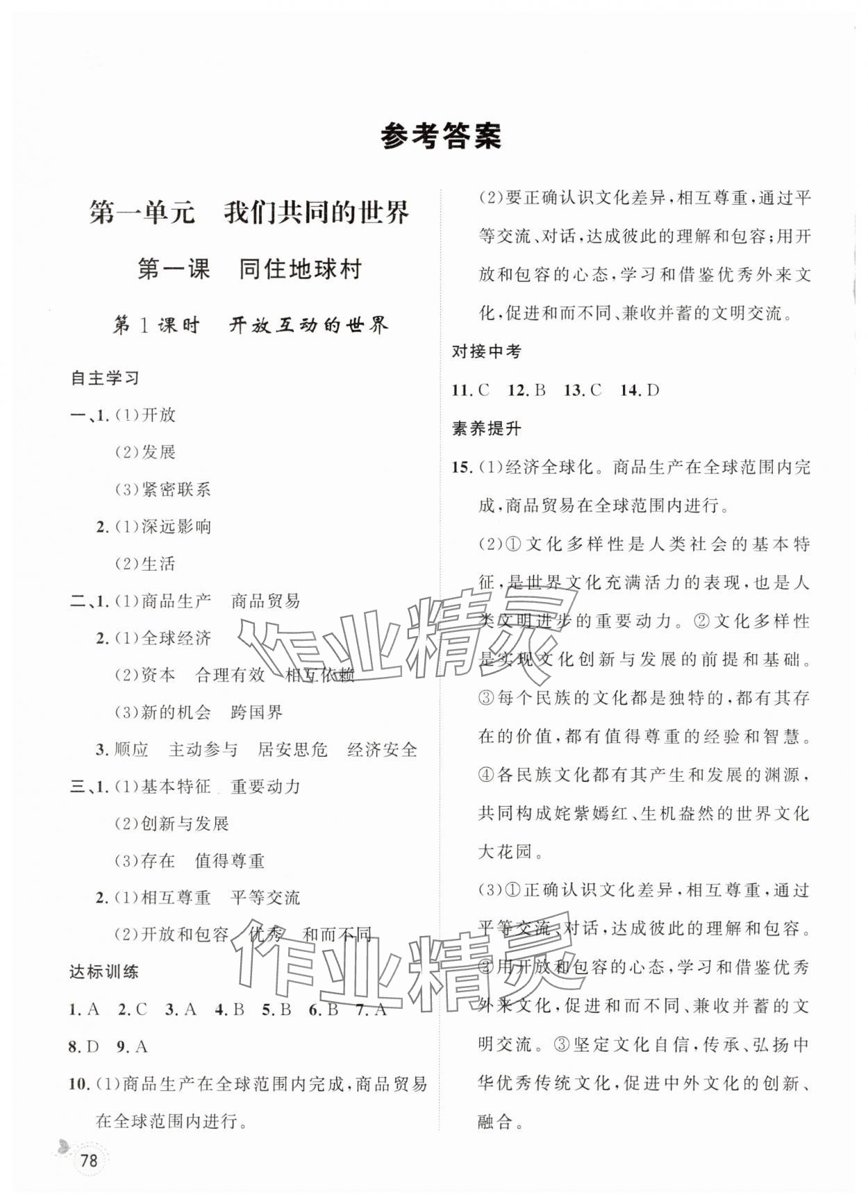 2025年配套检测与练习九年级道德与法治下册人教版 参考答案第1页