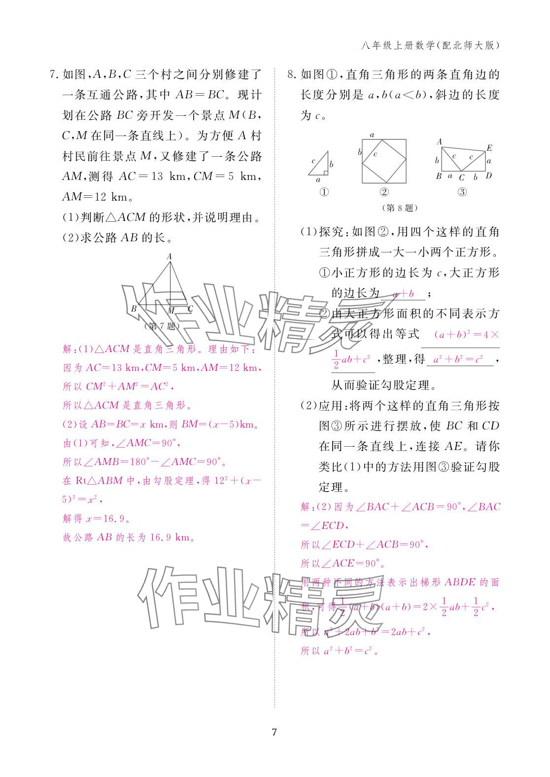 2025年作業本江西教育出版社八年級數學上冊北師大版 參考答案第7頁