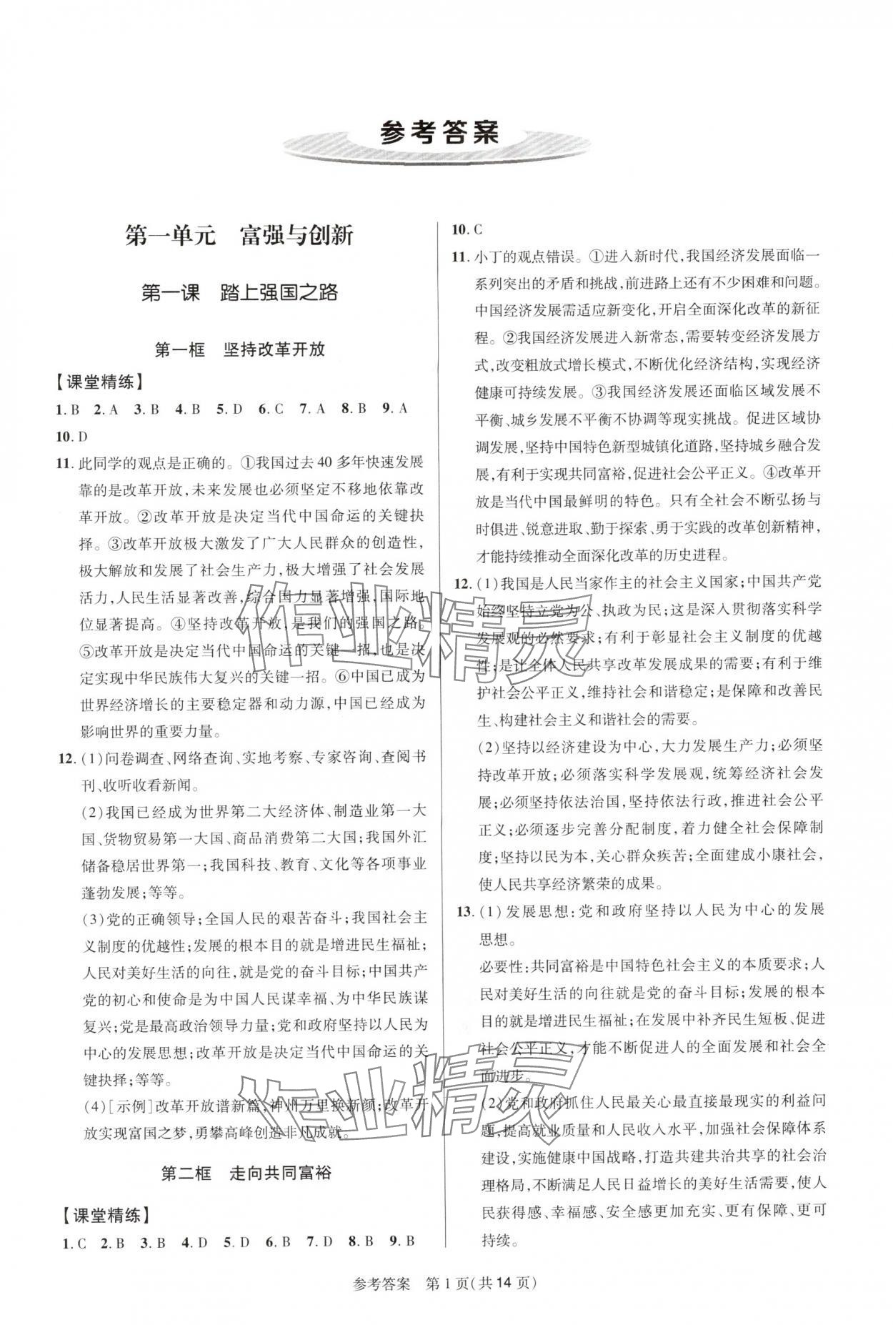 2025年课堂精练九年级道德与法治上册人教版河南专版 参考答案第1页