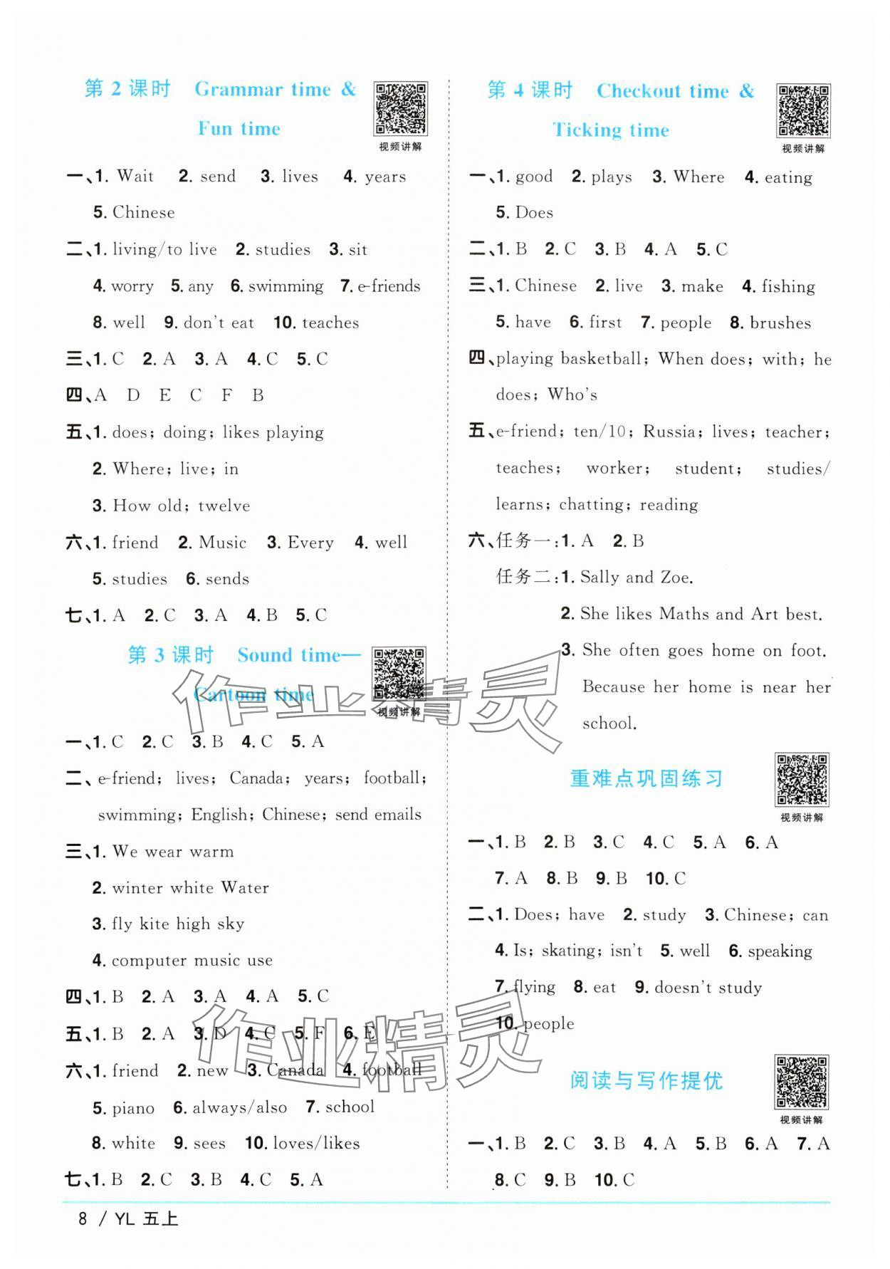 2024年阳光同学课时优化作业五年级英语上册译林版江苏专版 参考答案第8页