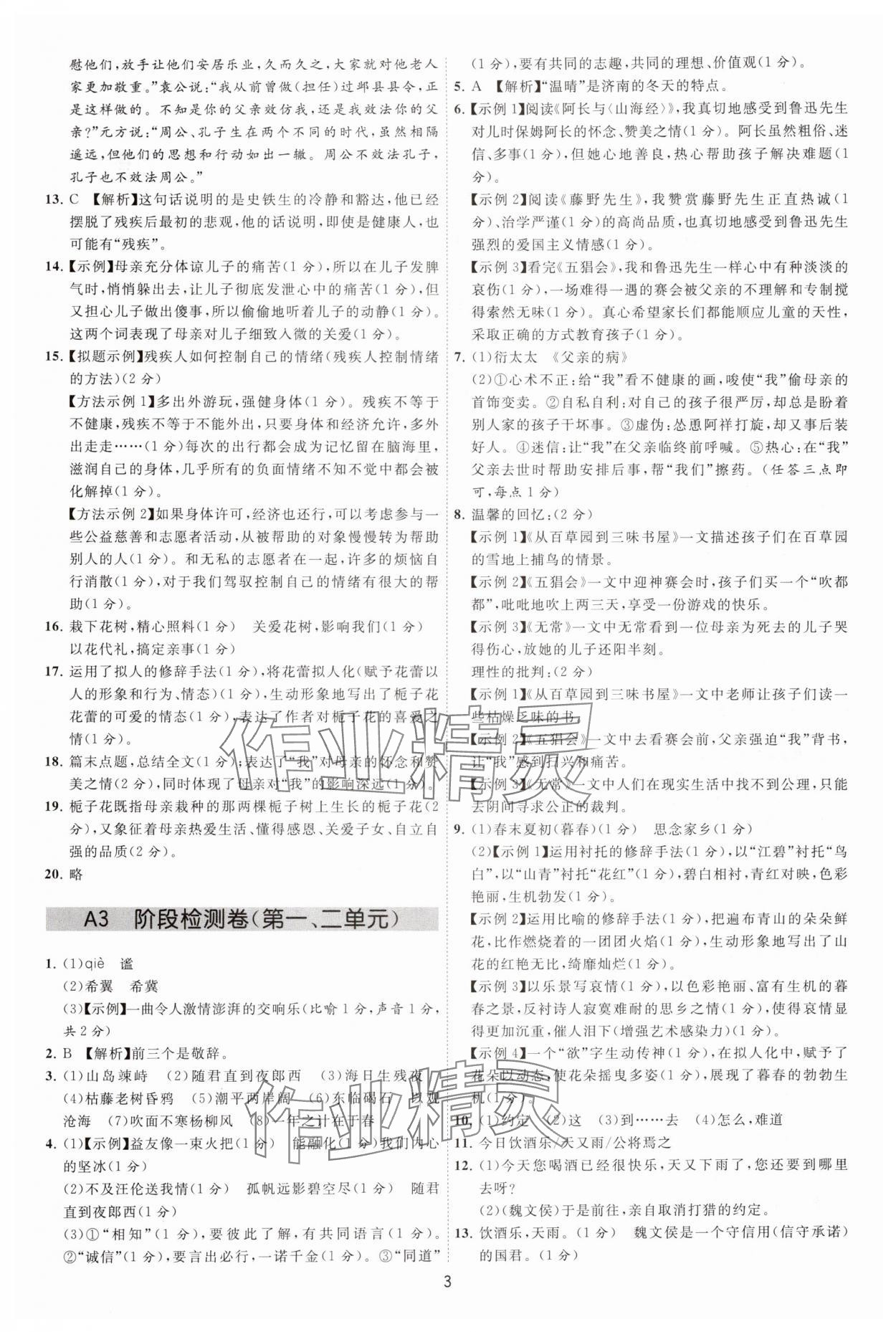 2024年必刷金卷七年级语文上册人教版&nbsp;参考答案第3页