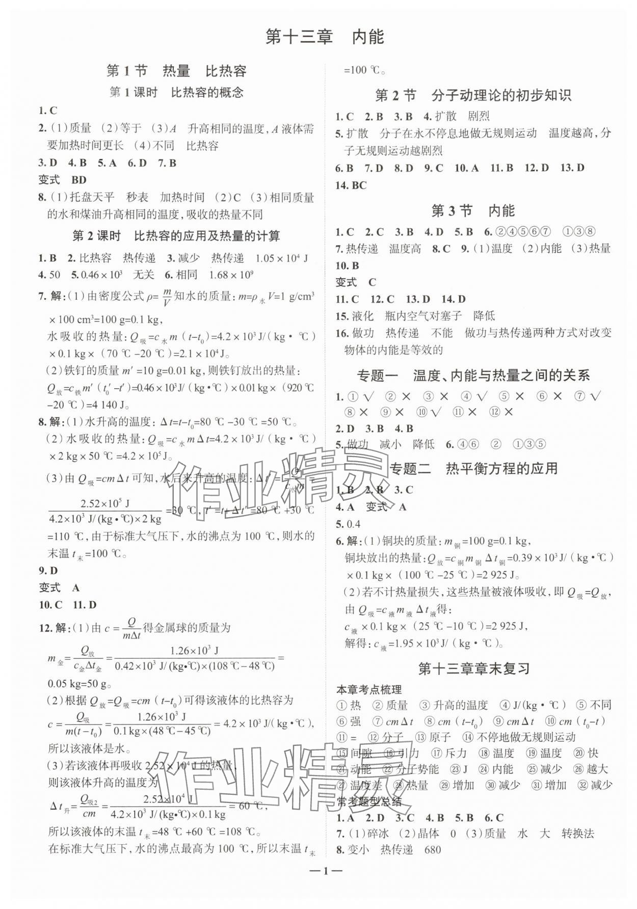 2025年走进名校九年级物理全一册人教版山东专版 参考答案第1页