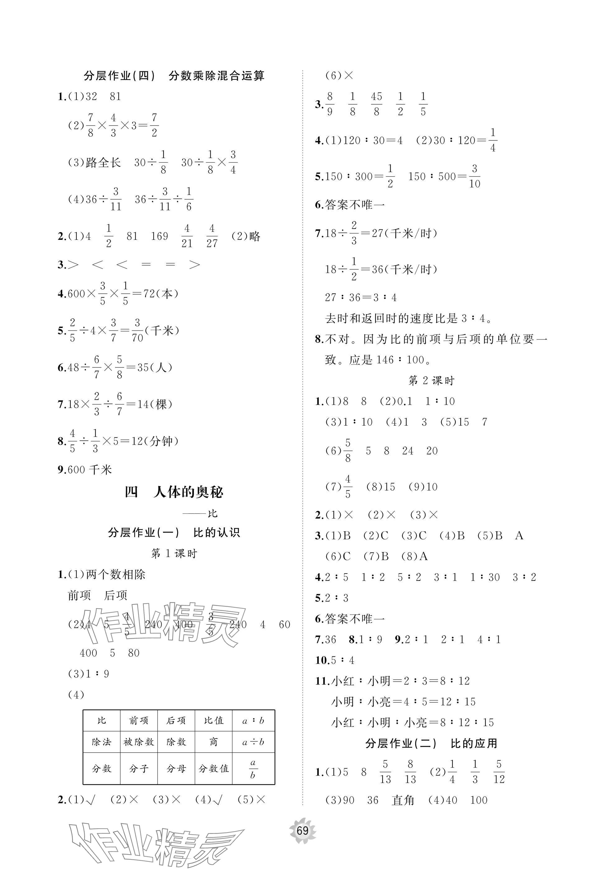 2025年新课堂同步学习与探究六年级数学上册青岛版枣庄专版 参考答案第5页