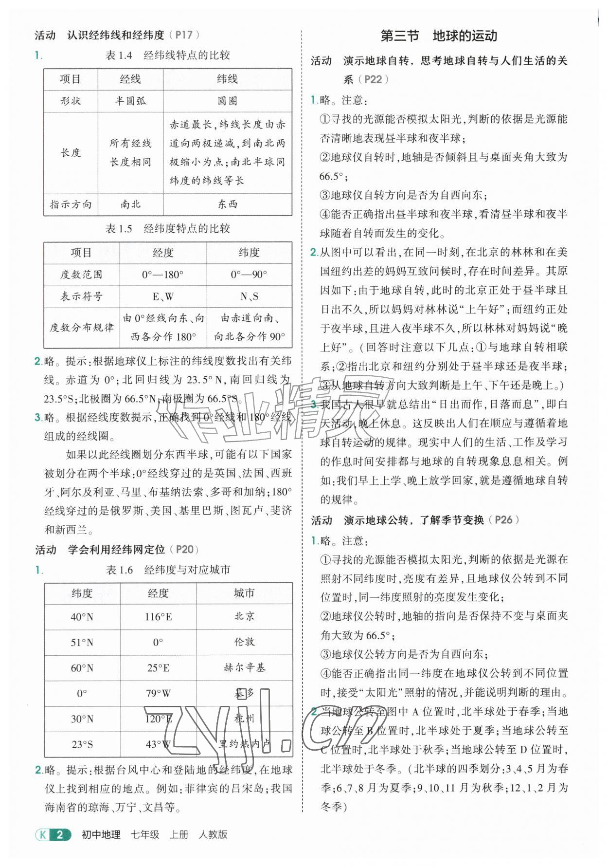 2026年教材课本七年级地理上册人教版&nbsp;参考答案第2页